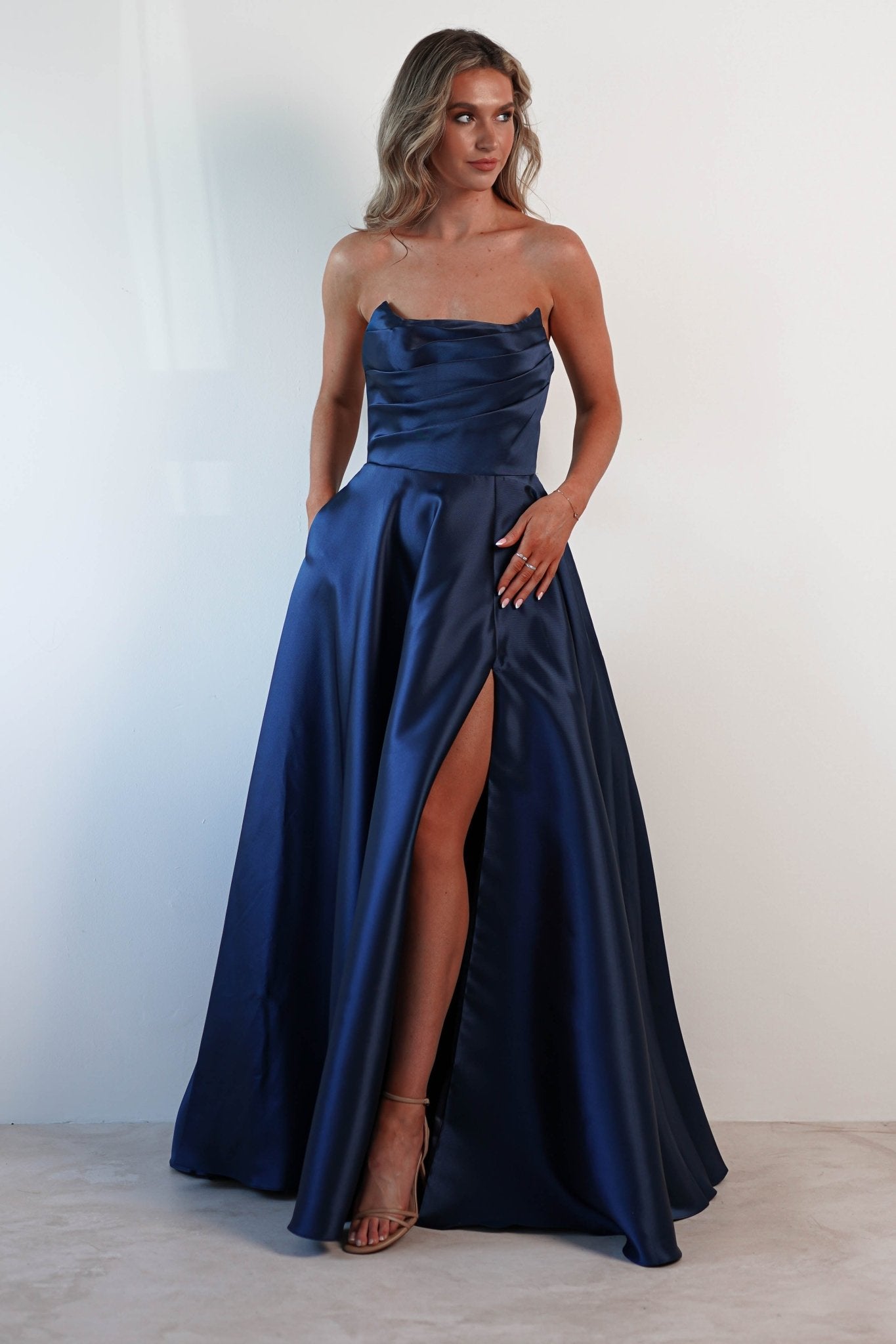 Miya Corset A-Line Satin Gown | Navy | Debs & Prom | Formal Gown | Oh Hello Clothing