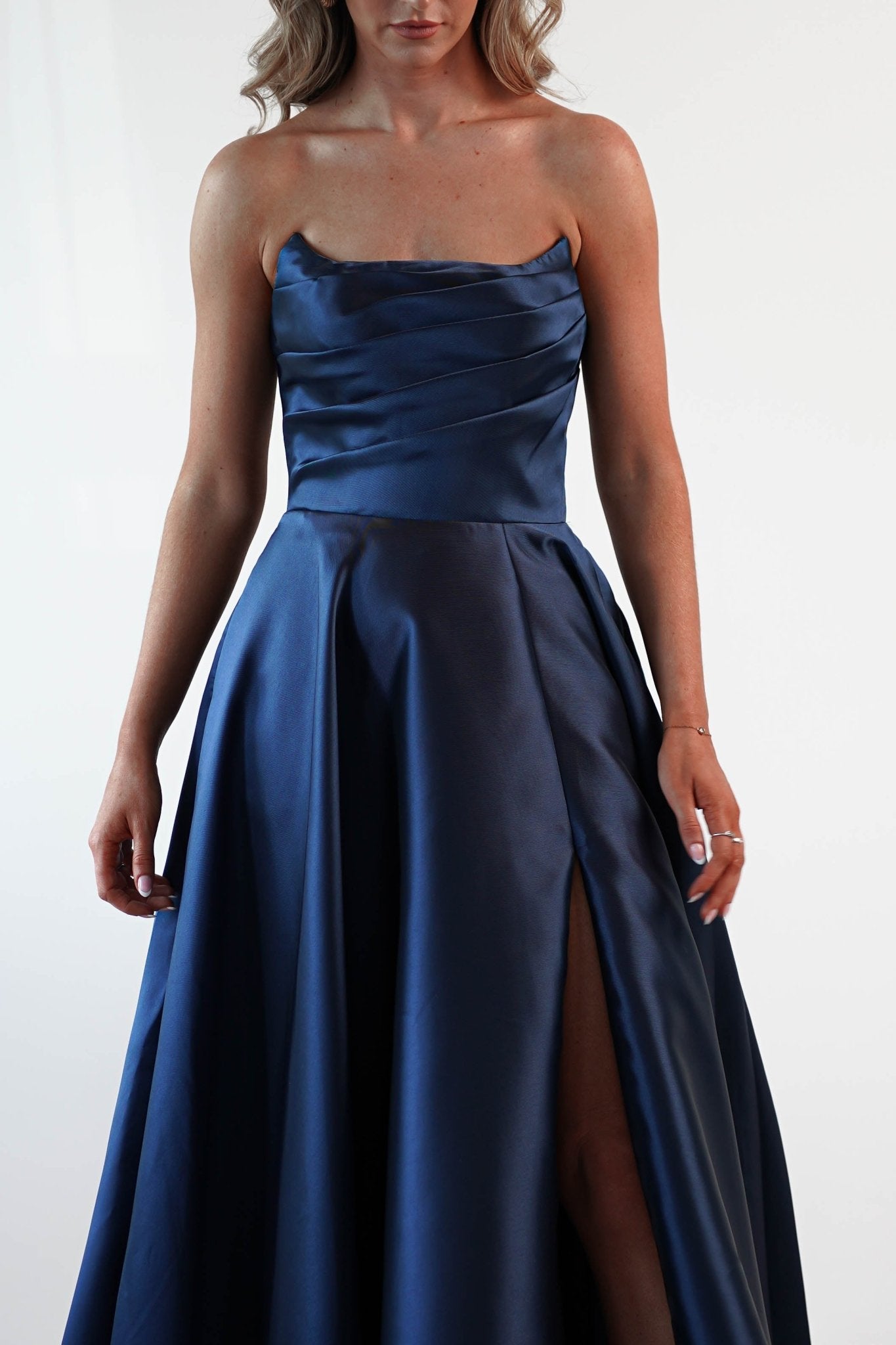 Miya Corset A-Line Satin Gown | Navy | Debs & Prom | Formal Gown | Oh Hello Clothing