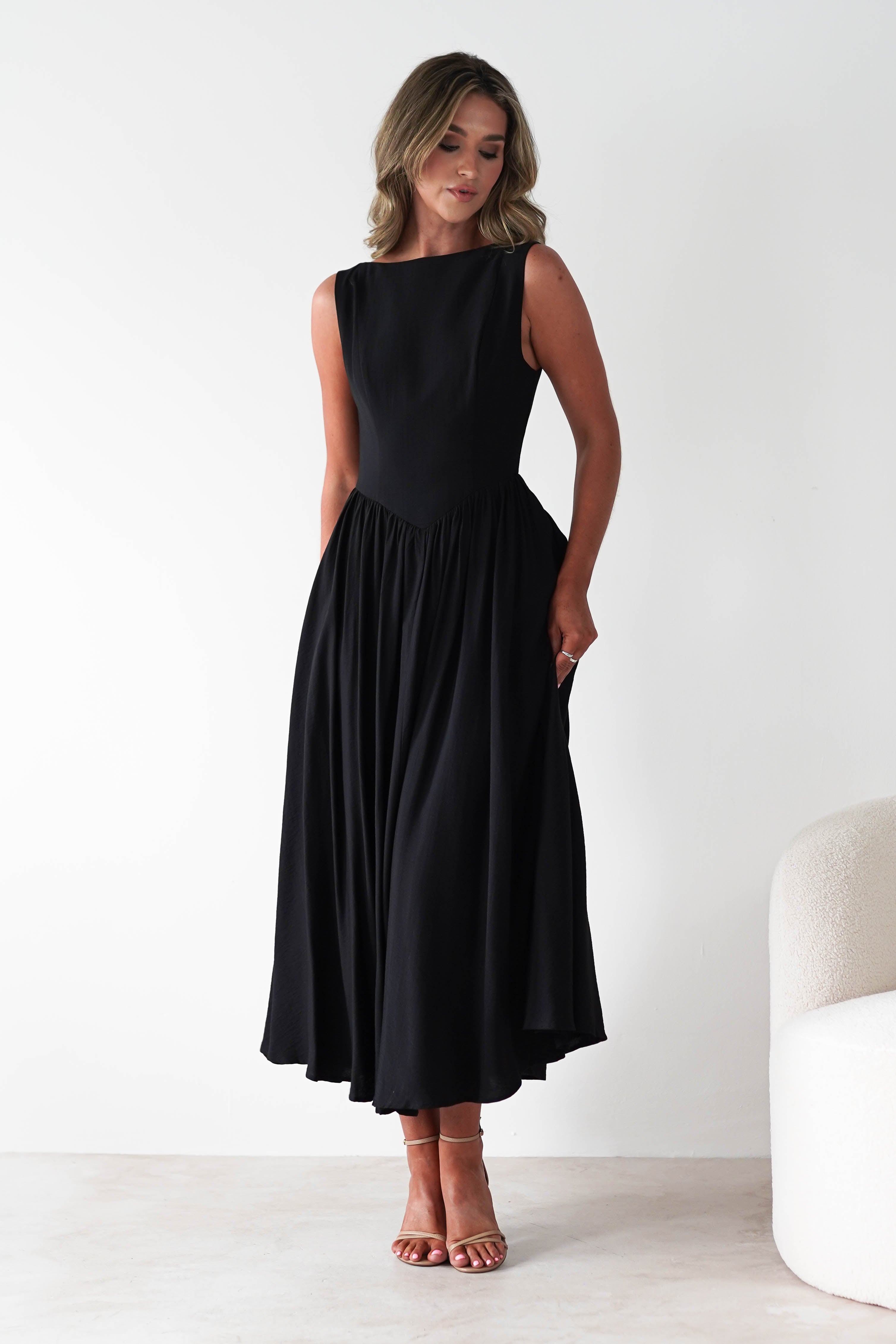 Monroe Skater Midaxi Dress Black | Wedding Guest Dress | Skater | Oh Hello Clothing