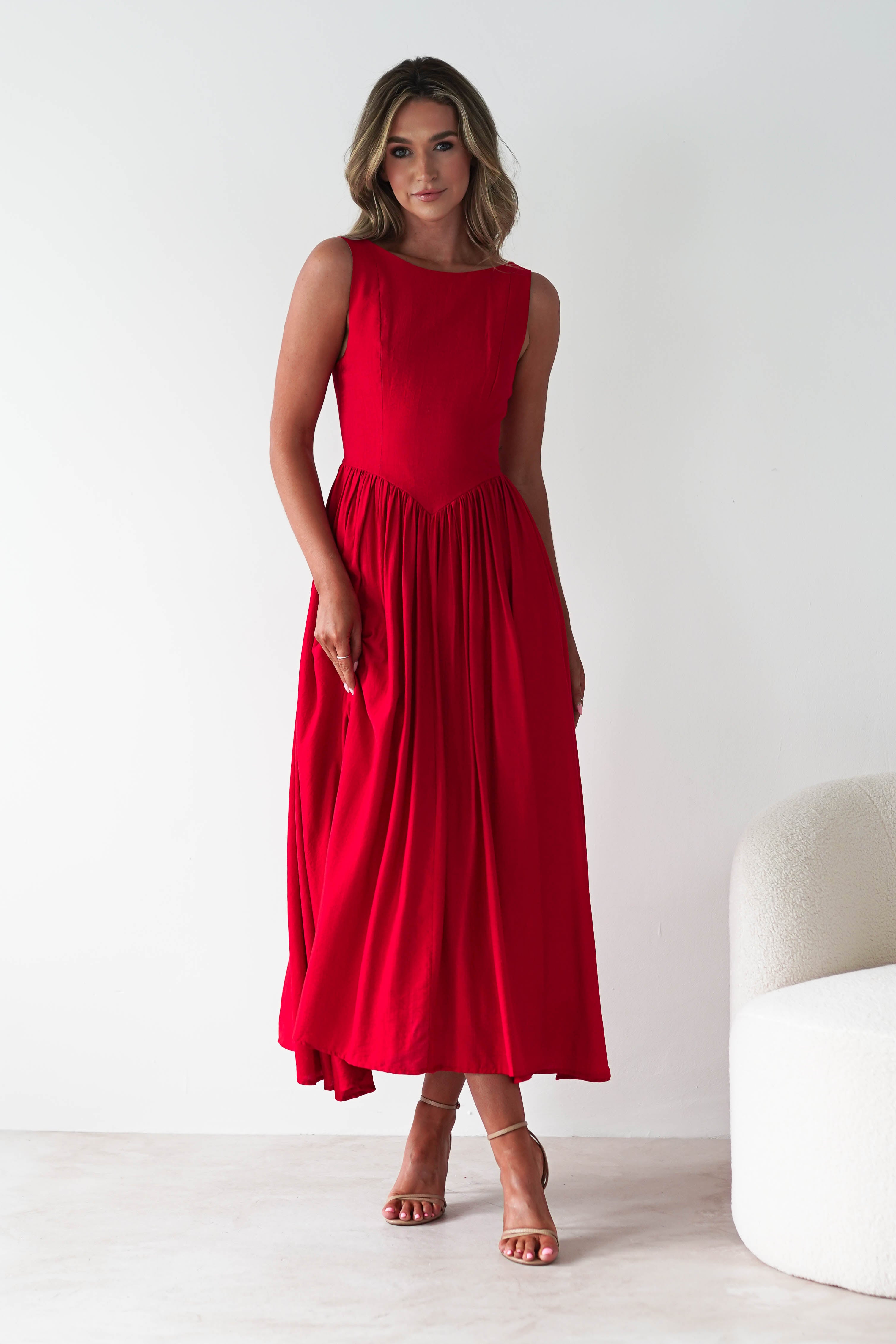 Monroe Skater Midaxi Dress Red | Wedding Guest Dress | Skater | Oh Hello Clothing