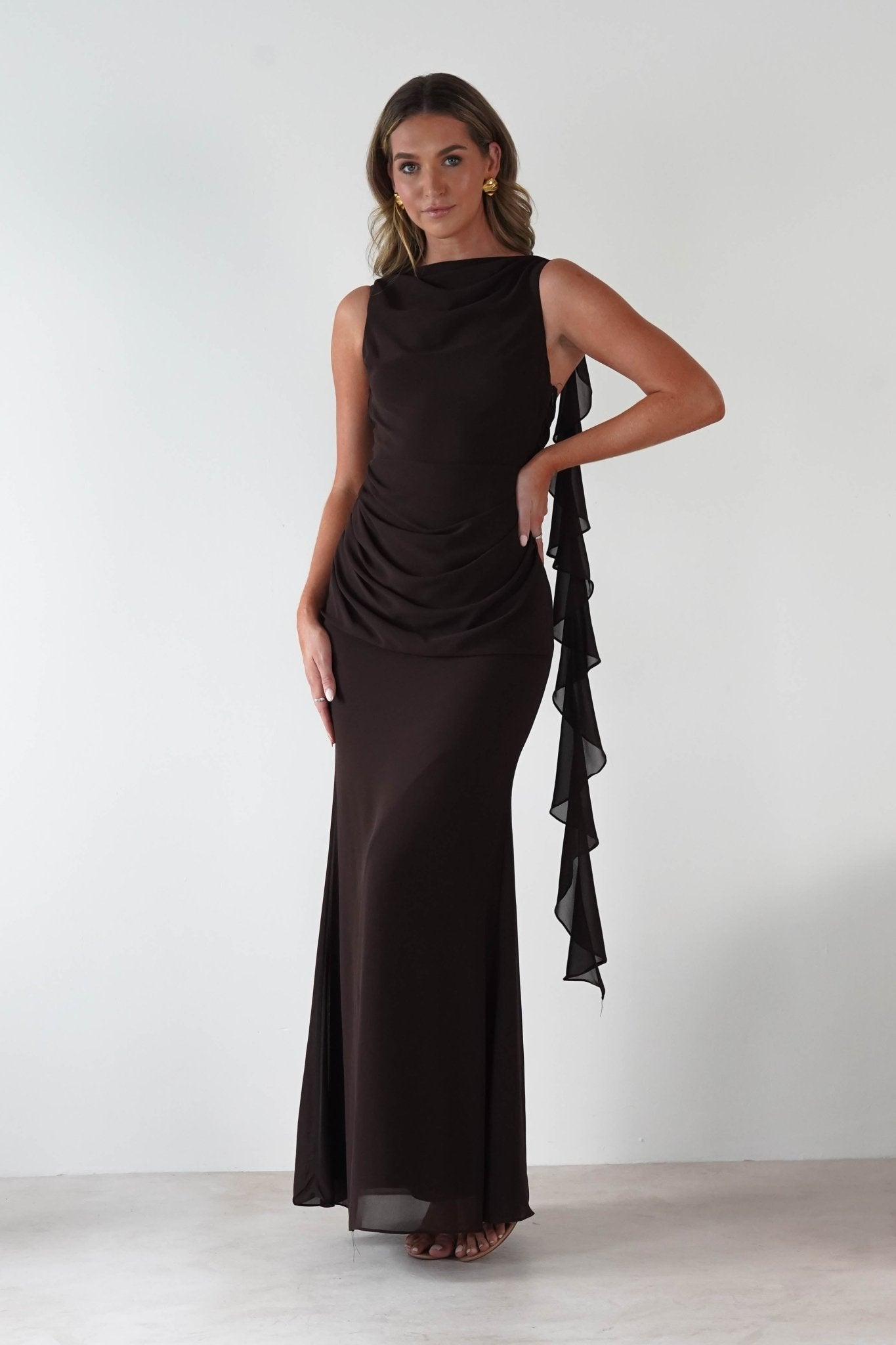 Montana Chiffon Maxi Dress Brown | Wedding Guest Dress | Maxi | Chiffon | Oh Hello Clothing