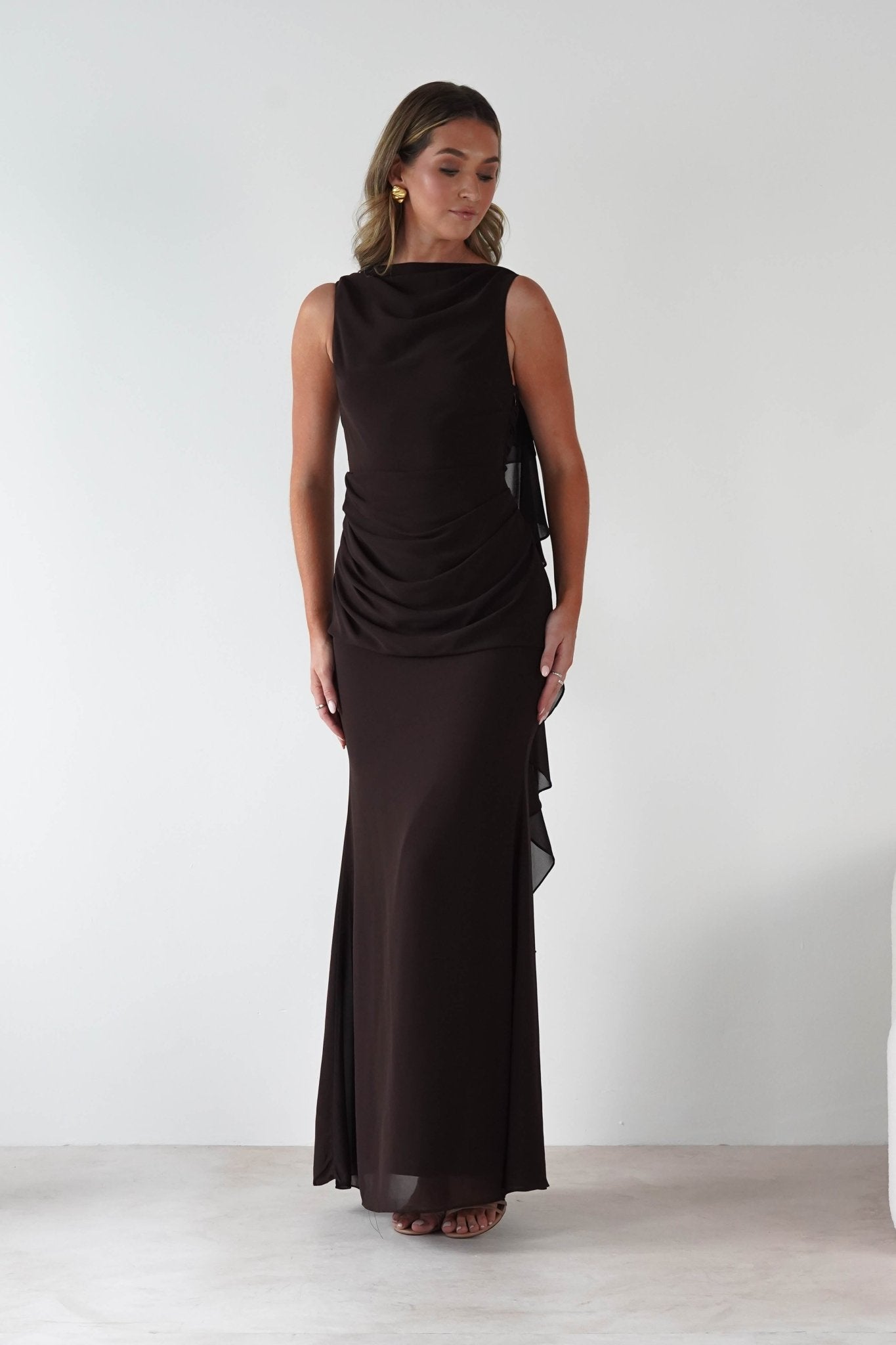 Montana Chiffon Maxi Dress Brown | Wedding Guest Dress | Maxi | Chiffon | Oh Hello Clothing
