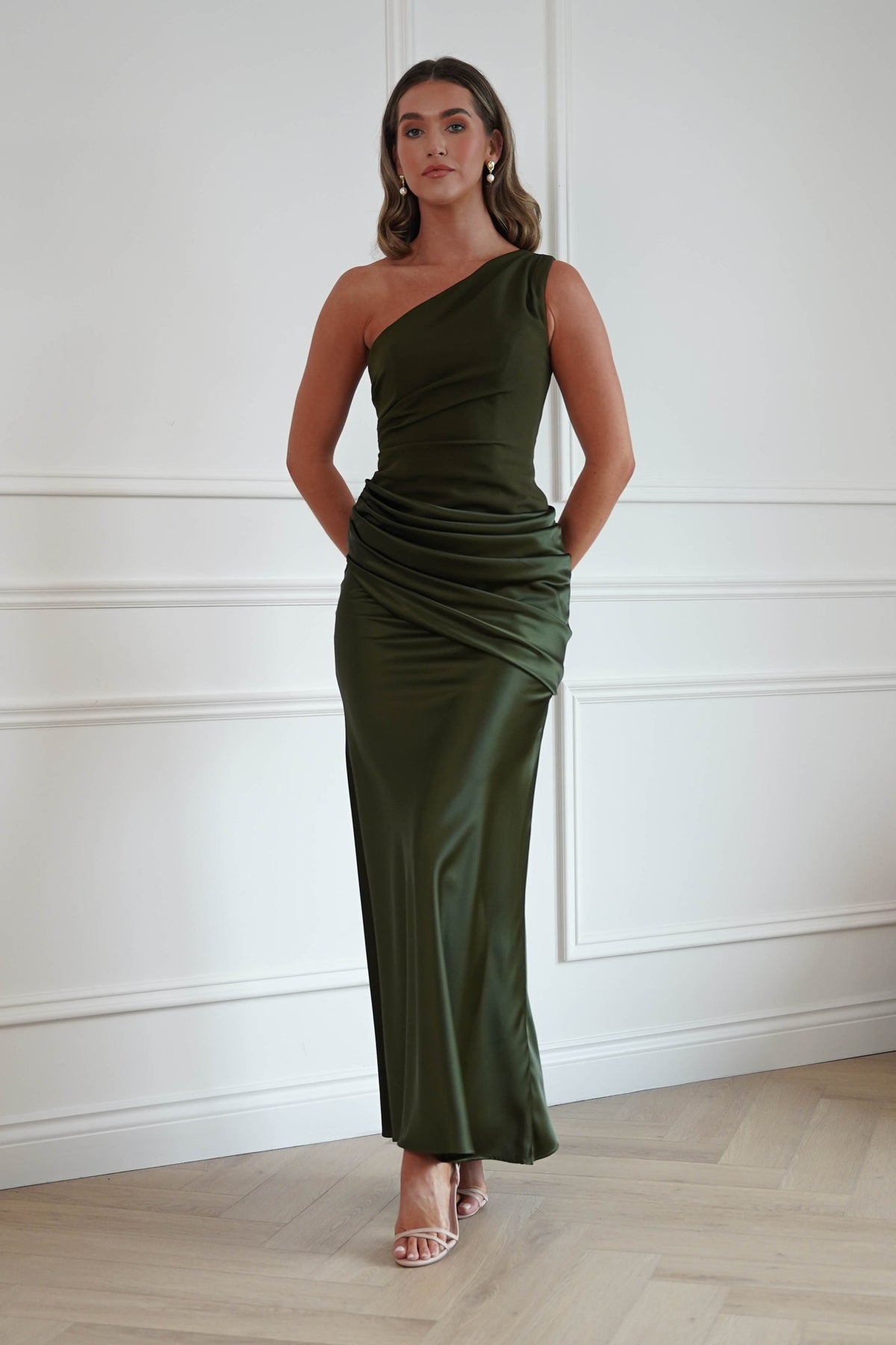 Oh Hello Clothing Dresses > Prom Dresses Nadalia One Shoulder Satin Maxi Dress | Olive