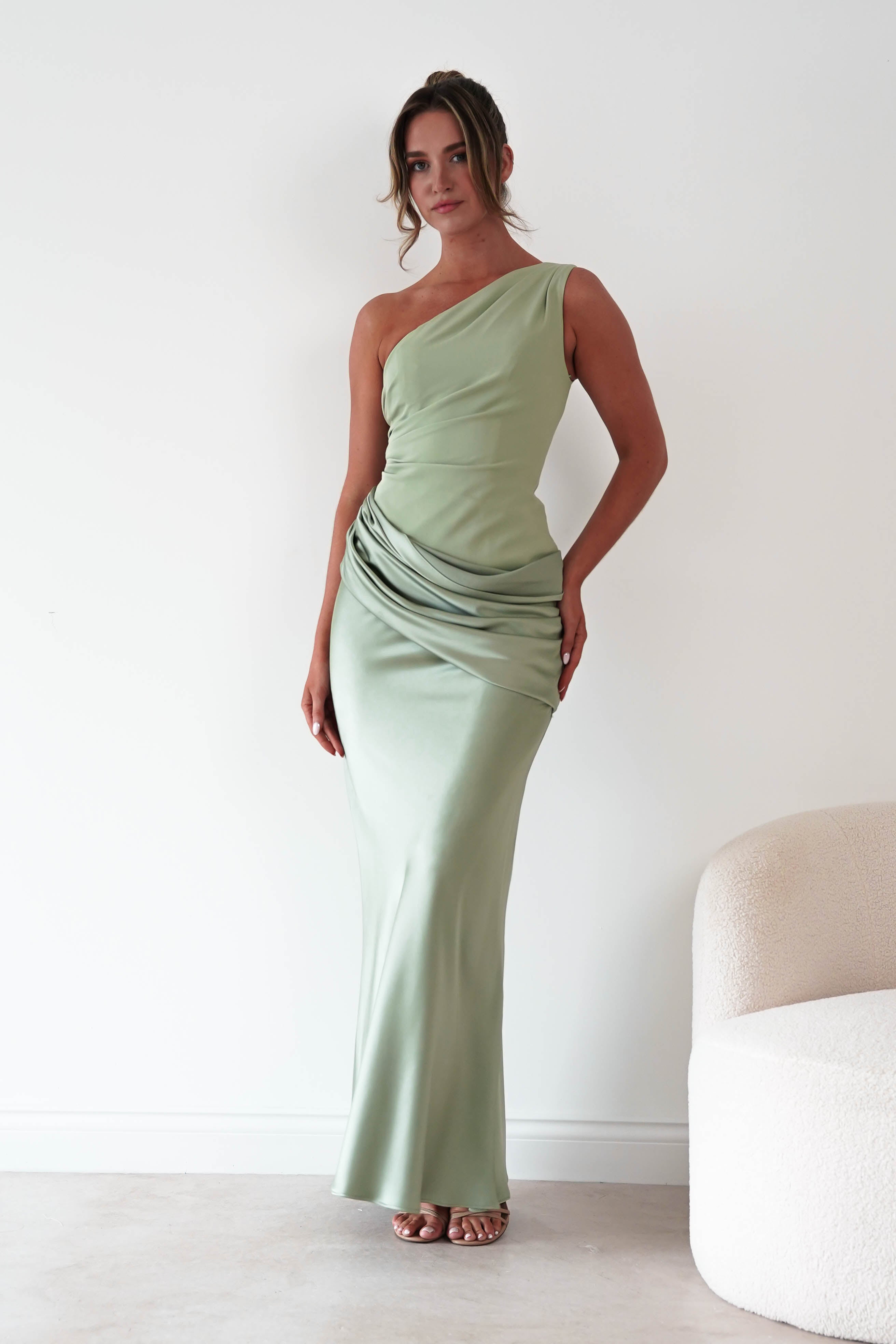 Oh Hello Clothing Dresses > Prom Dresses Nadalia One Shoulder Satin Maxi Dress | Sage