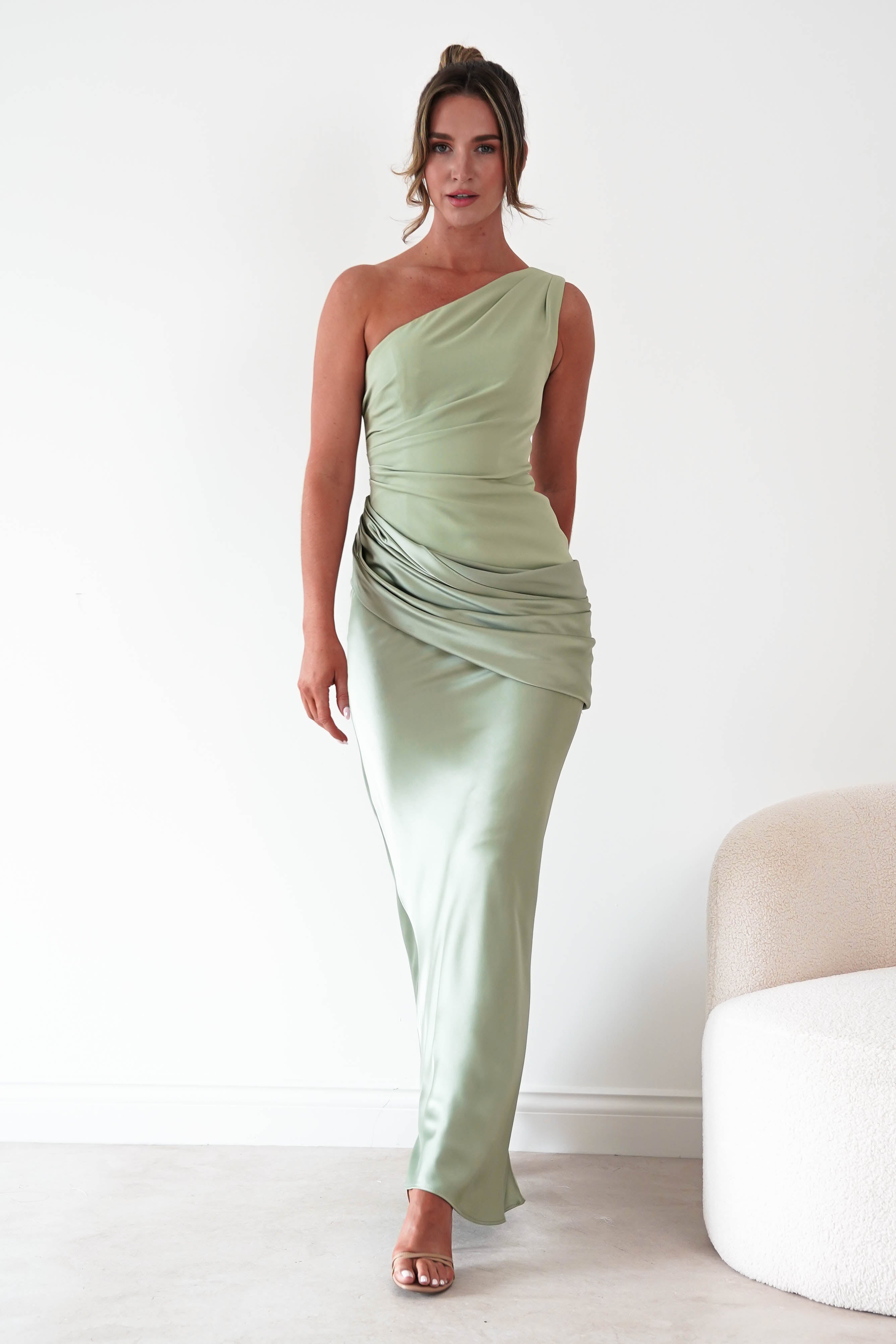 Oh Hello Clothing Dresses > Prom Dresses Nadalia One Shoulder Satin Maxi Dress | Sage