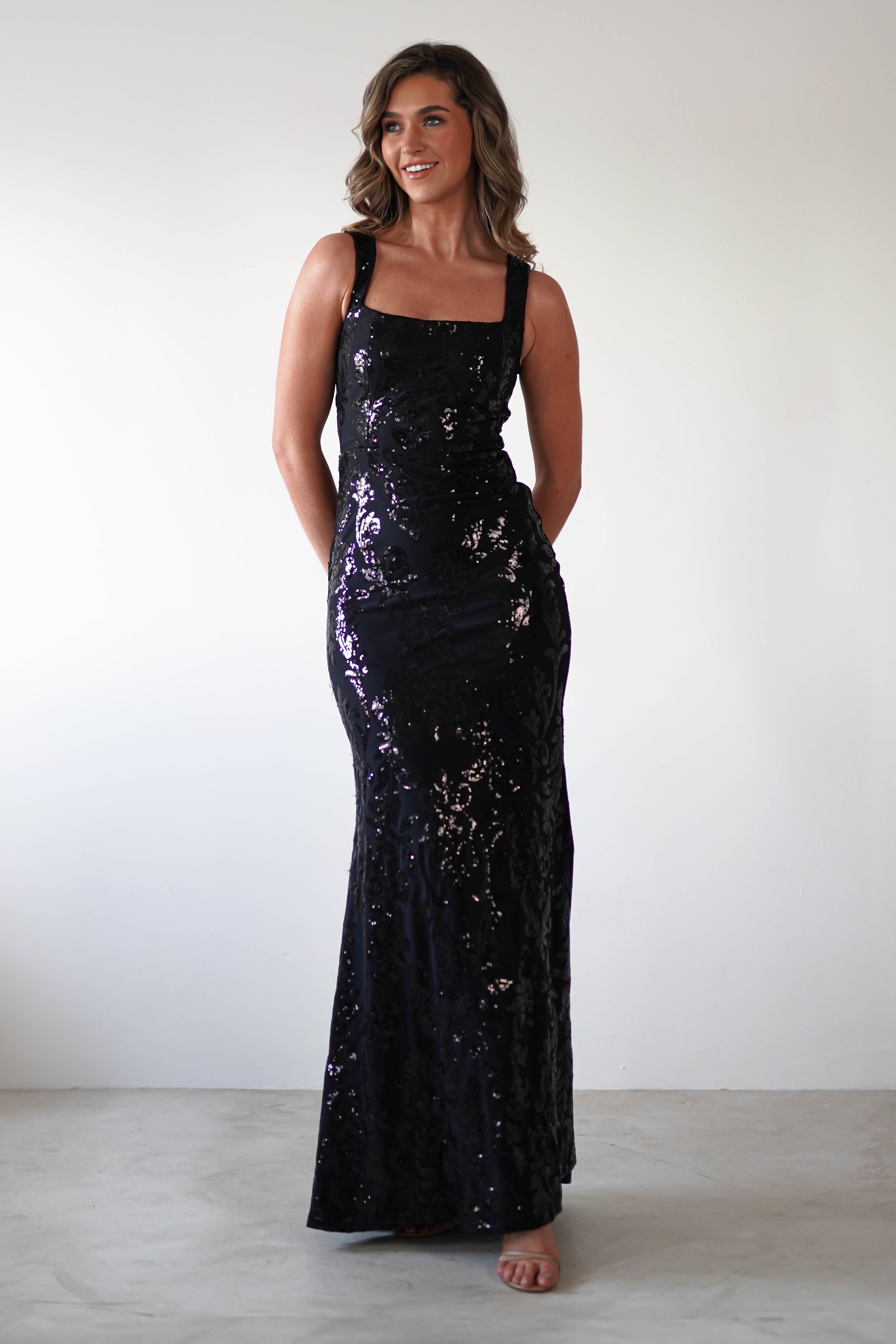 Nadia Square Neck Sequin Gown | Black | Debs & Prom | Formal Gown | Oh Hello Clothing