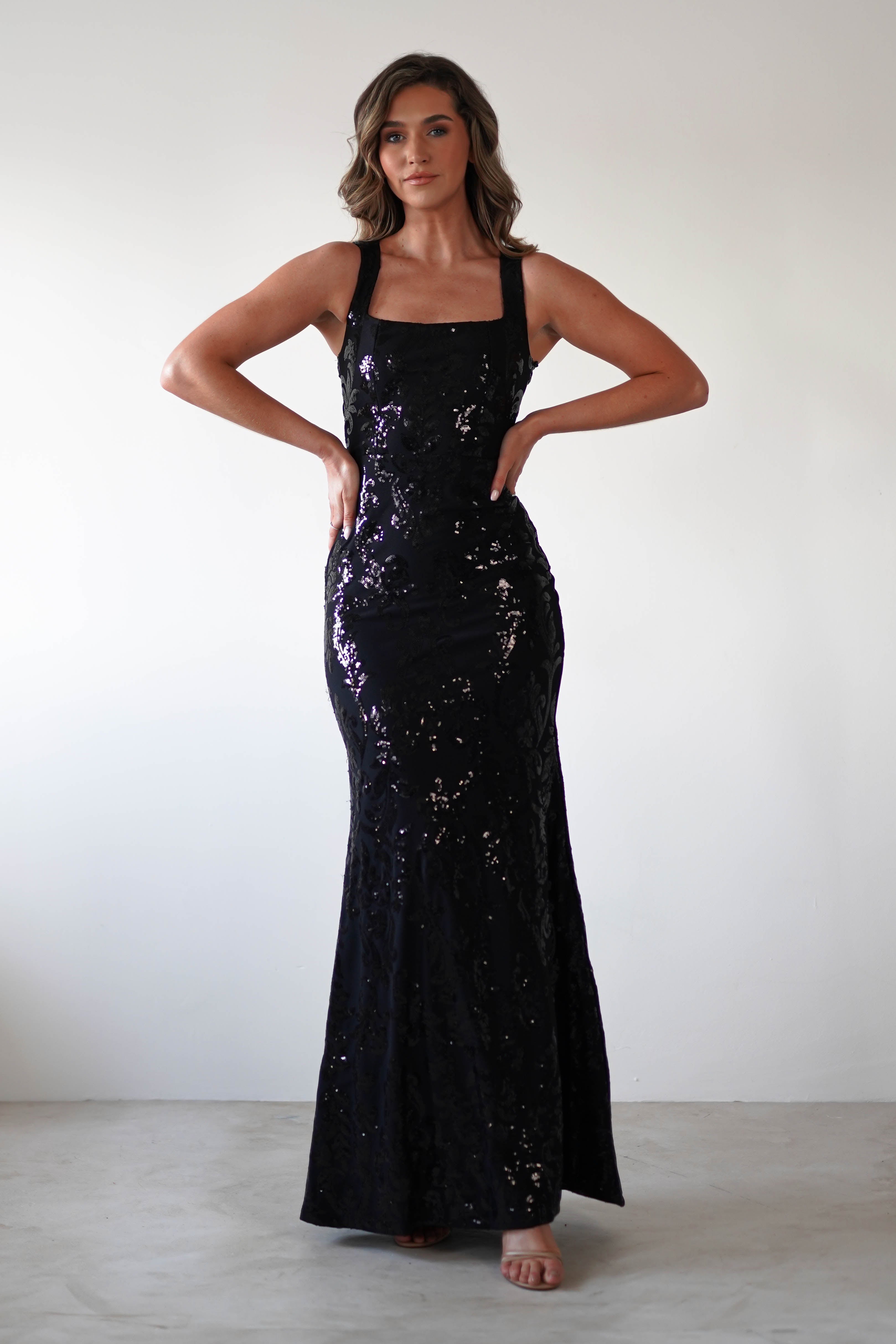 Nadia Square Neck Sequin Gown | Black | Debs & Prom | Formal Gown | Oh Hello Clothing