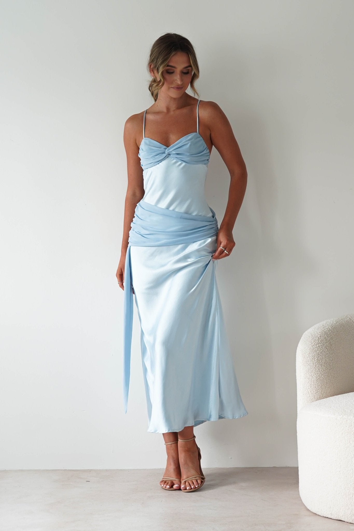 Natasha Satin Draped Maxi Dress Blue | Wedding Guest Dress | Draped Skirt | Maxi | Oh Hello Clothing
