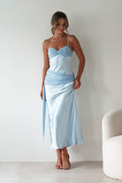 Natasha Satin Draped Maxi Dress Blue | Wedding Guest Dress | Draped Skirt | Maxi | Oh Hello Clothing