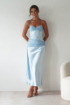 Natasha Satin Draped Maxi Dress Blue | Wedding Guest Dress | Draped Skirt | Maxi | Oh Hello Clothing