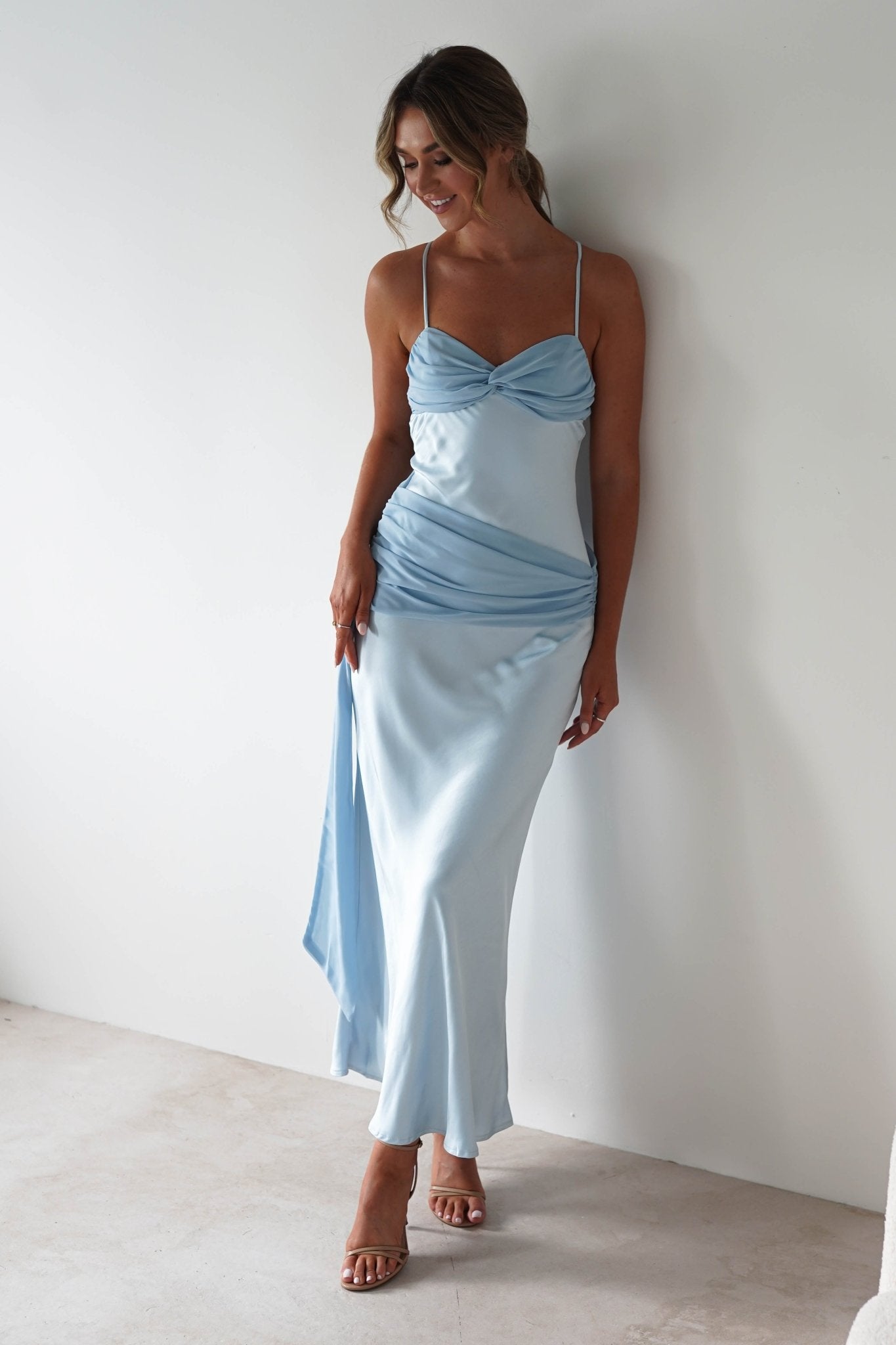 Natasha Satin Draped Maxi Dress Blue | Wedding Guest Dress | Draped Skirt | Maxi | Oh Hello Clothing