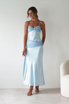 Natasha Satin Draped Maxi Dress Blue | Wedding Guest Dress | Draped Skirt | Maxi | Oh Hello Clothing