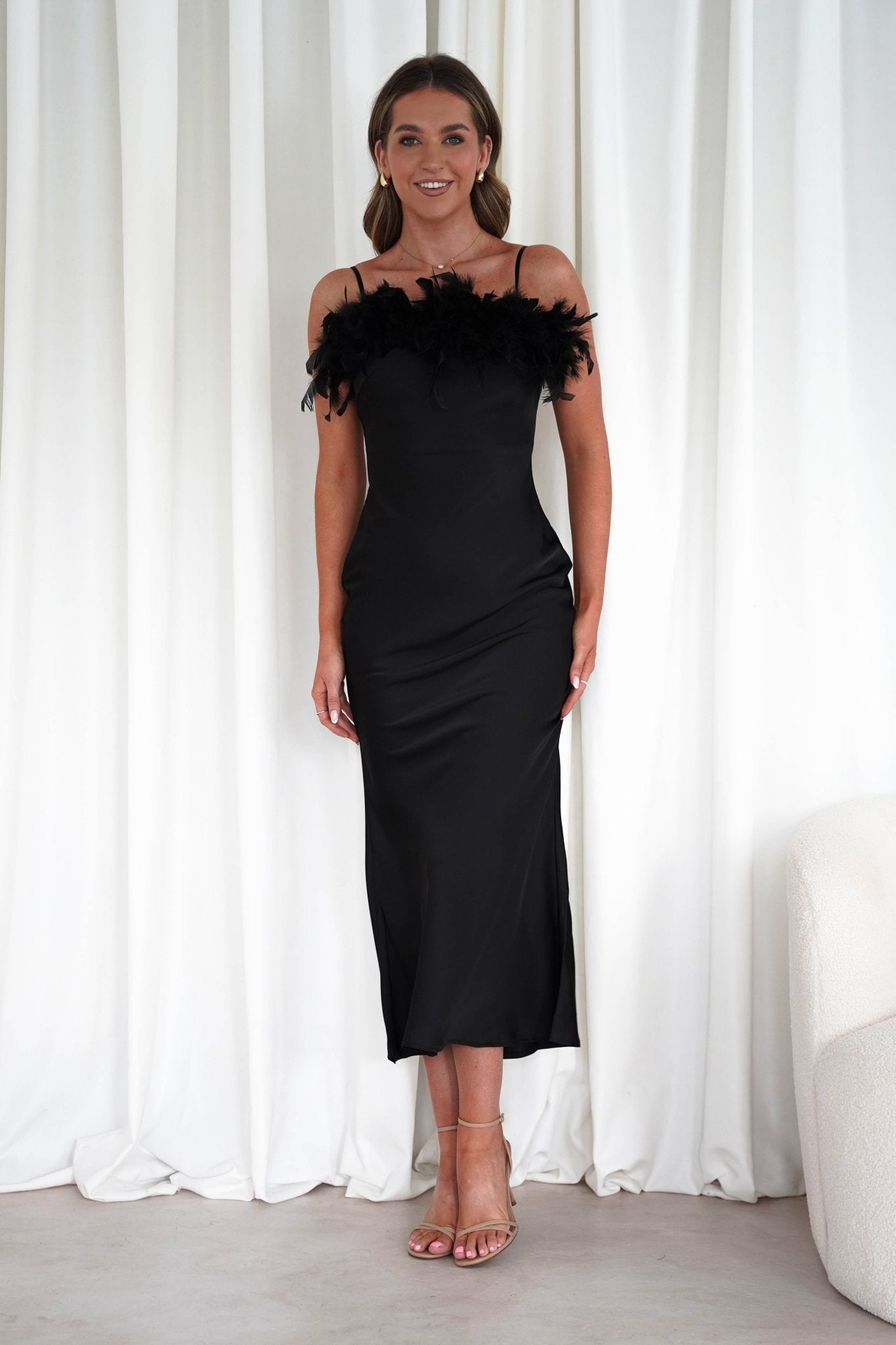 Neve Silky Satin Feather Slip Dress Black | Wedding Guest Dress | Satin | Oh Hello Clothing