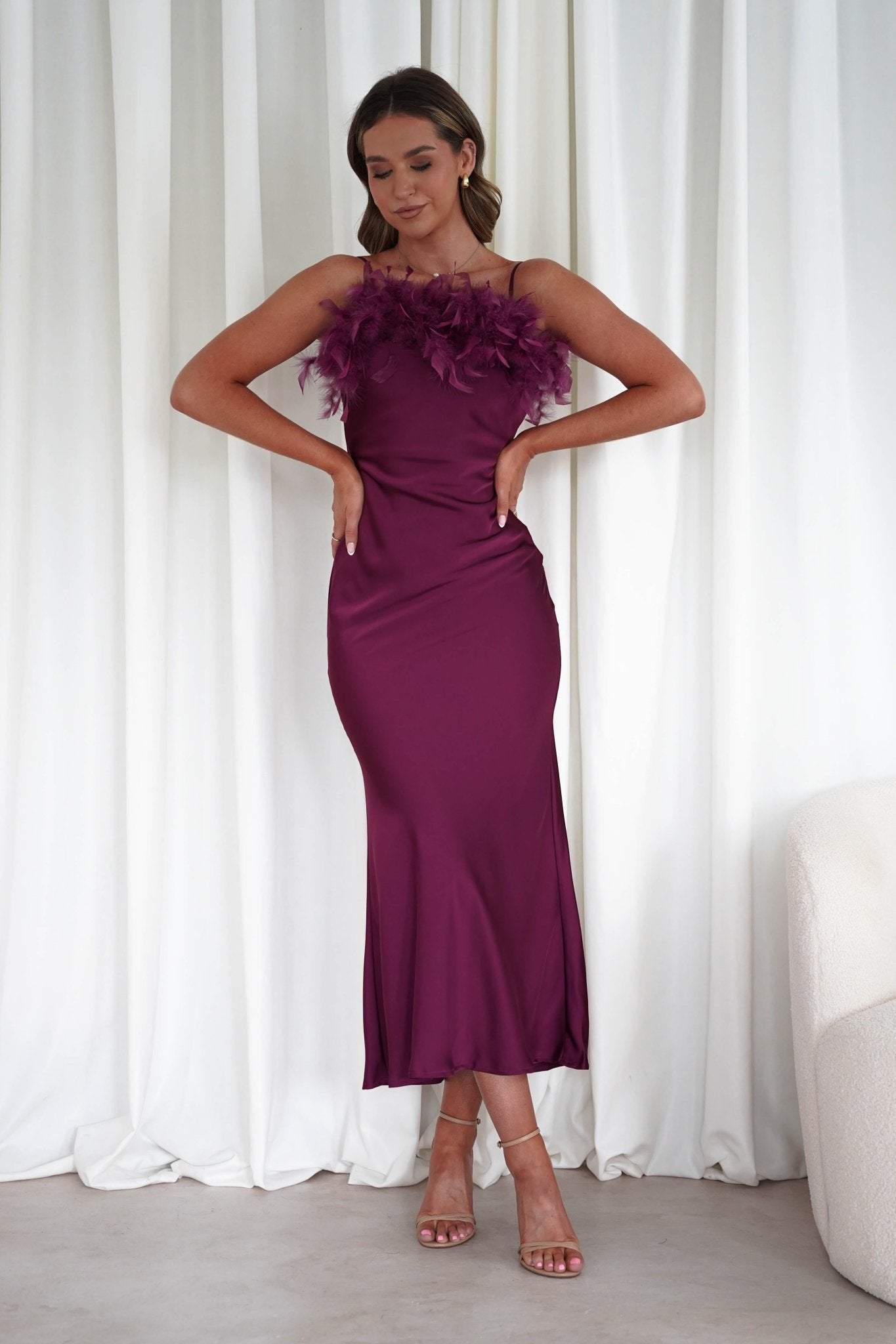 Neve Silky Satin Feather Slip Dress Plum | Wedding Guest Dress | Satin | Oh Hello Clothing