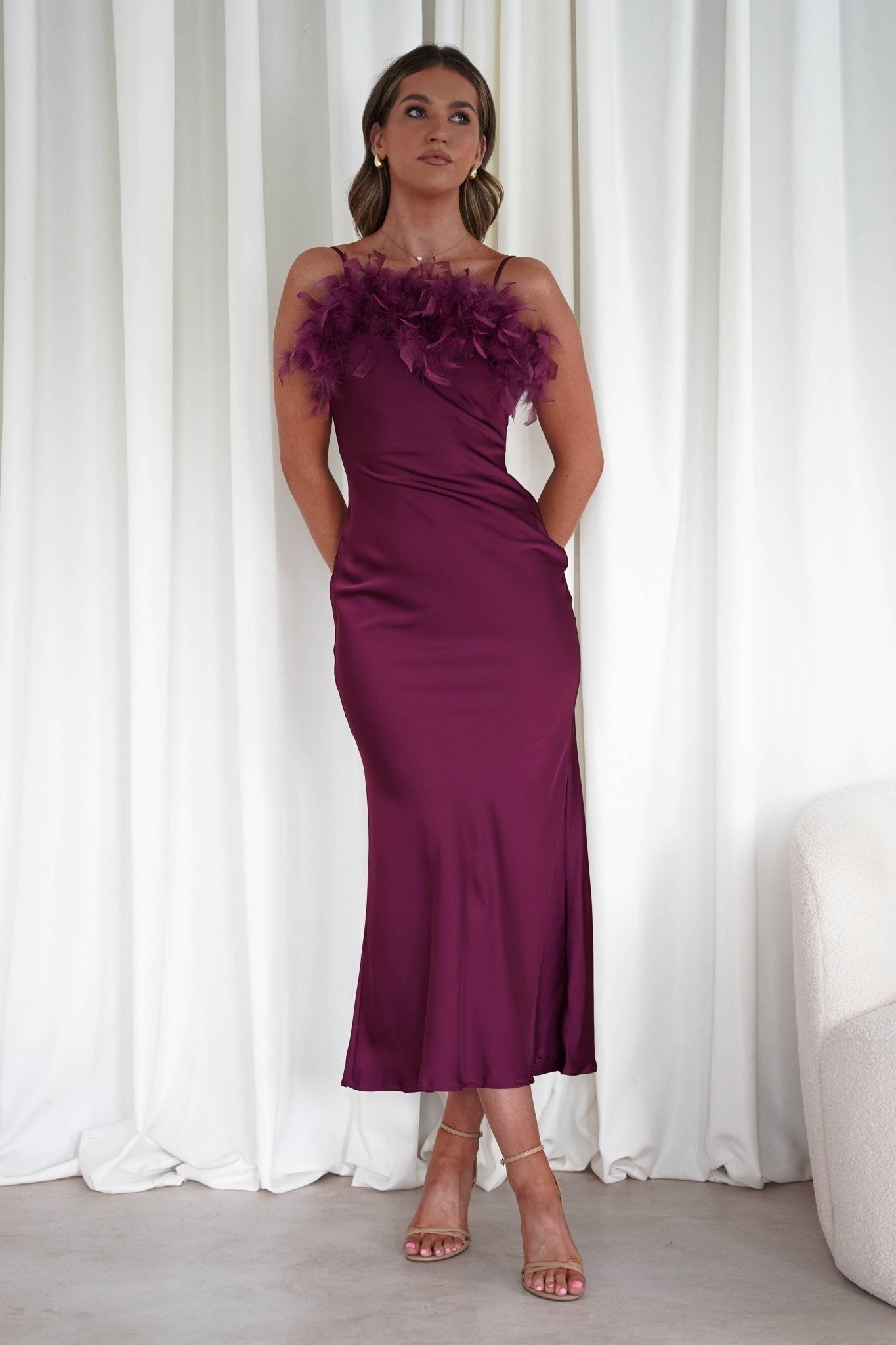 Neve Silky Satin Feather Slip Dress Plum | Wedding Guest Dress | Satin | Oh Hello Clothing