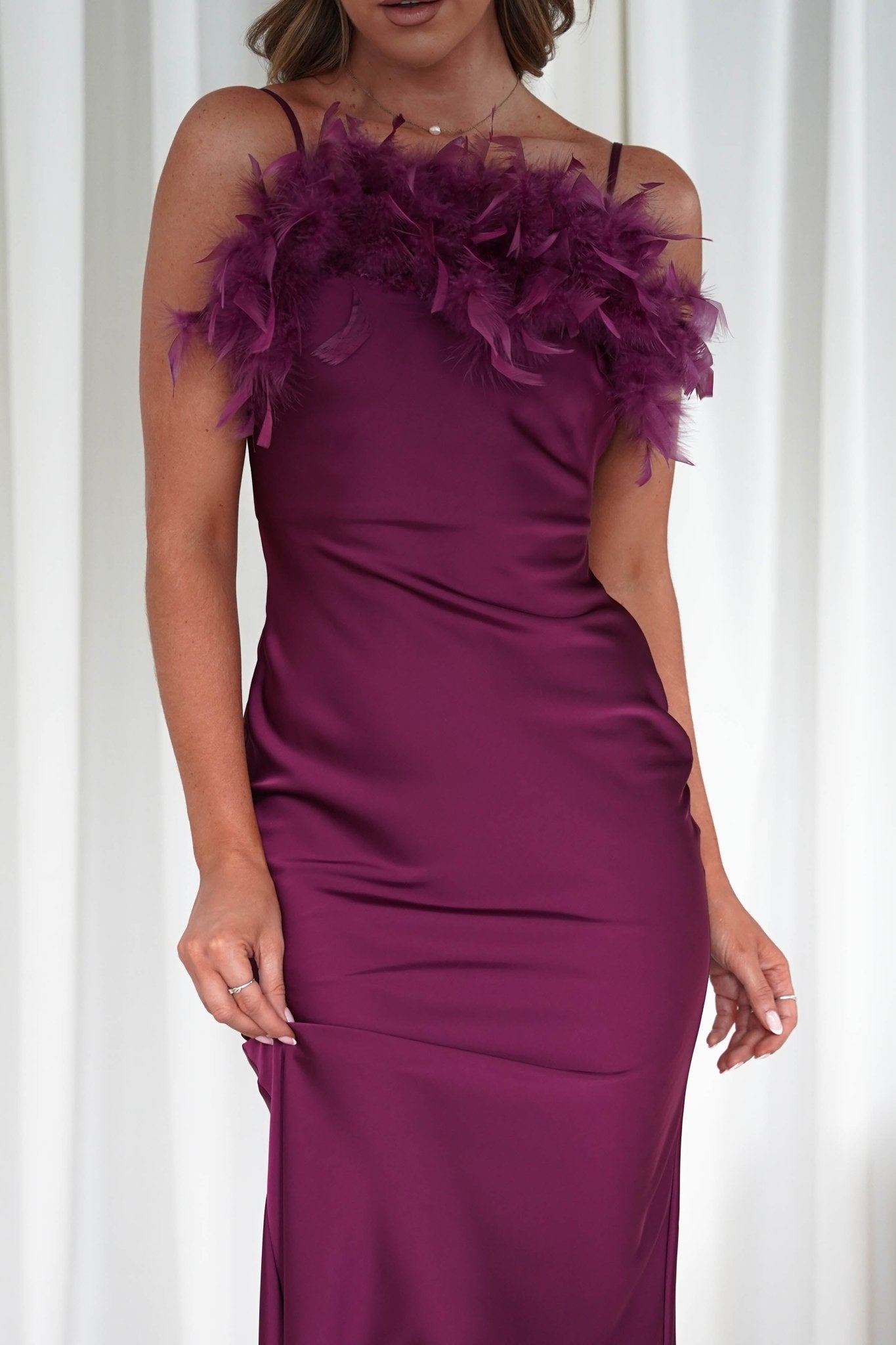Neve Silky Satin Feather Slip Dress Plum | Wedding Guest Dress | Satin | Oh Hello Clothing