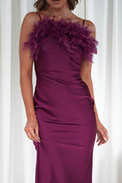 Neve Silky Satin Feather Slip Dress Plum | Wedding Guest Dress | Satin | Oh Hello Clothing