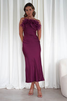 Neve Silky Satin Feather Slip Dress Plum | Wedding Guest Dress | Satin | Oh Hello Clothing