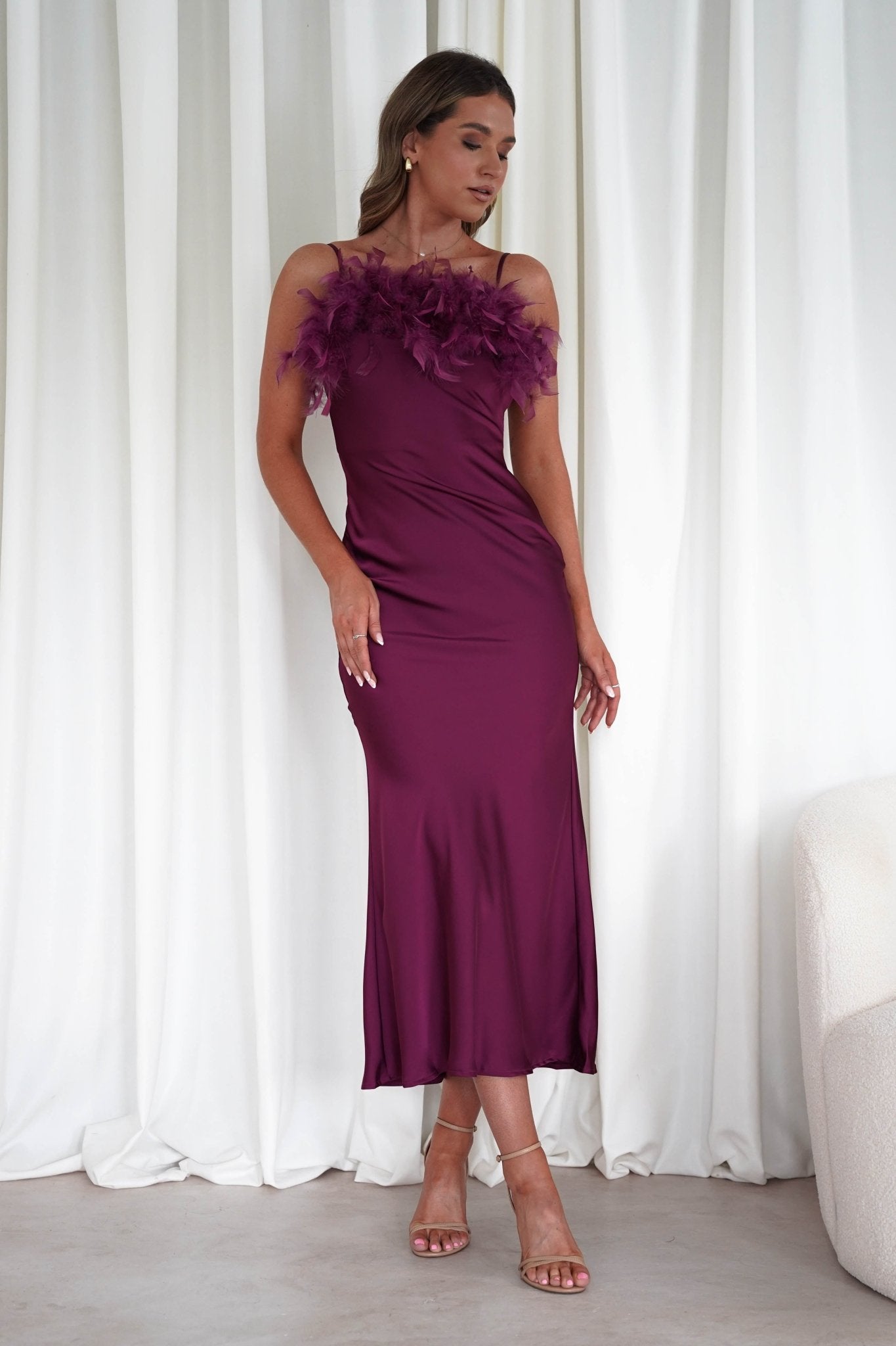 Neve Silky Satin Feather Slip Dress Plum | Wedding Guest Dress | Satin | Oh Hello Clothing