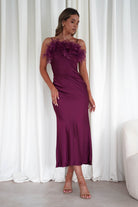 Neve Silky Satin Feather Slip Dress Plum | Wedding Guest Dress | Satin | Oh Hello Clothing