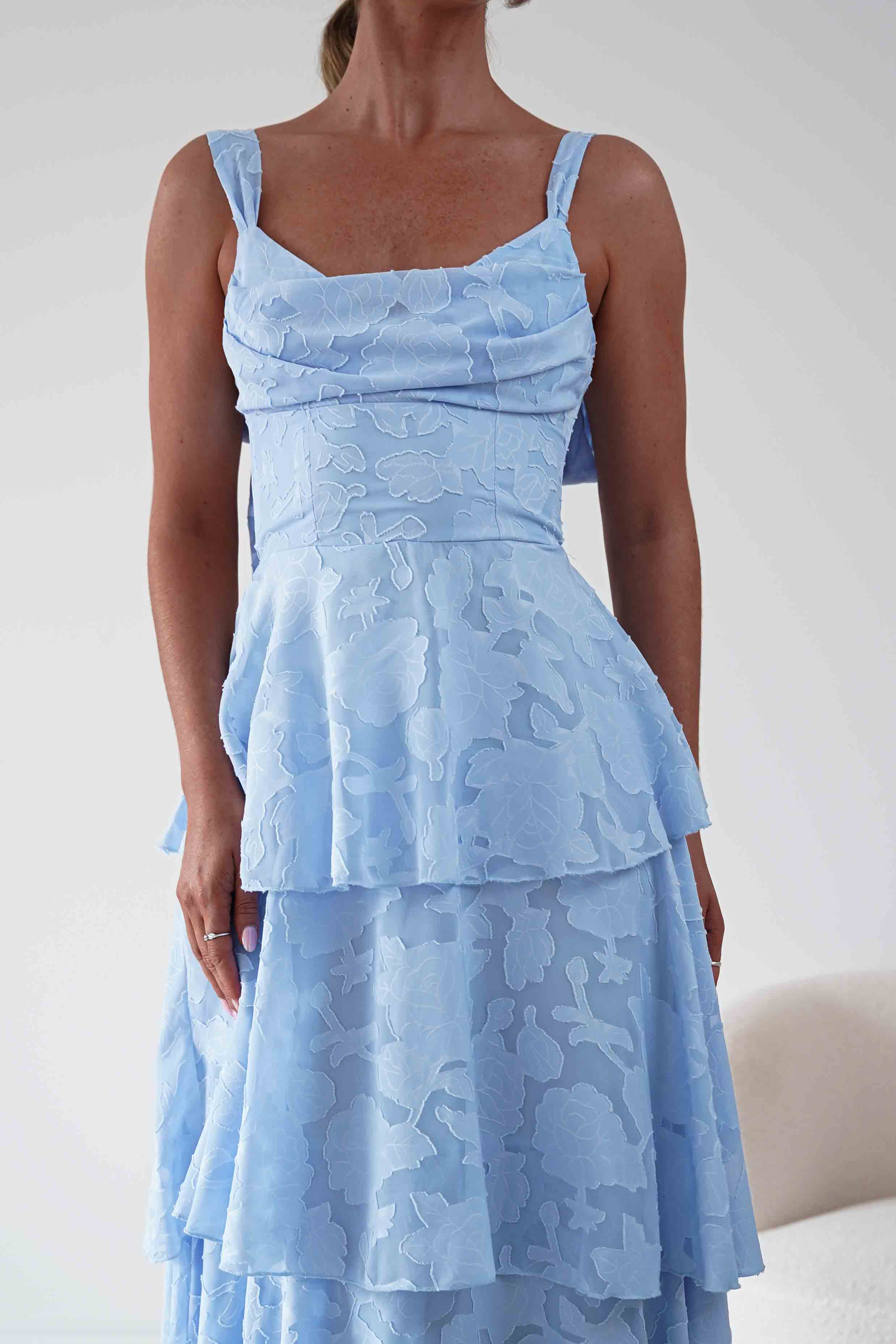 Oh Hello Clothing Women > Clothing > Dresses Niama Floral Jacquard Tiered Maxi Dress | Blue
