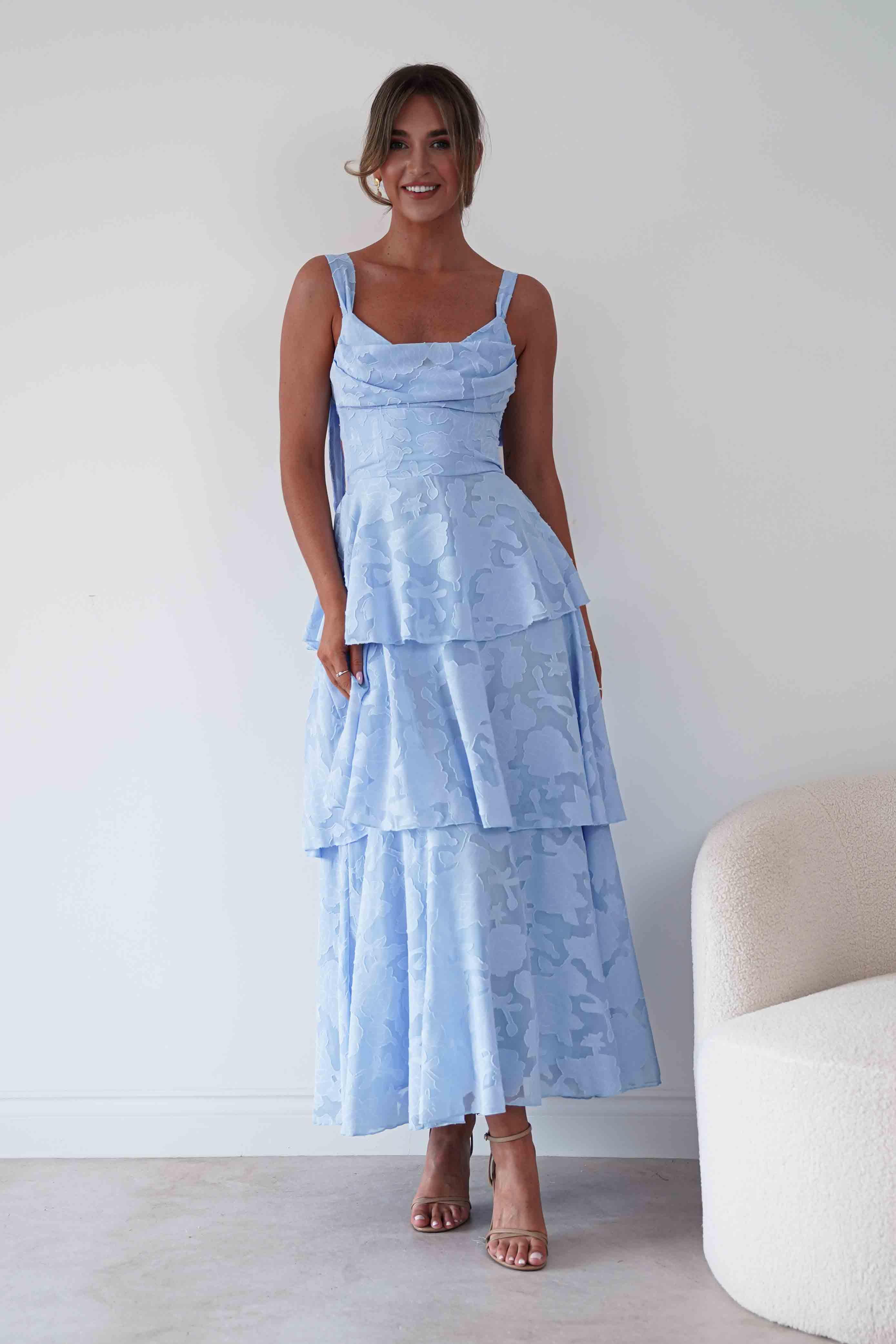 Oh Hello Clothing Women > Clothing > Dresses Niama Floral Jacquard Tiered Maxi Dress | Blue
