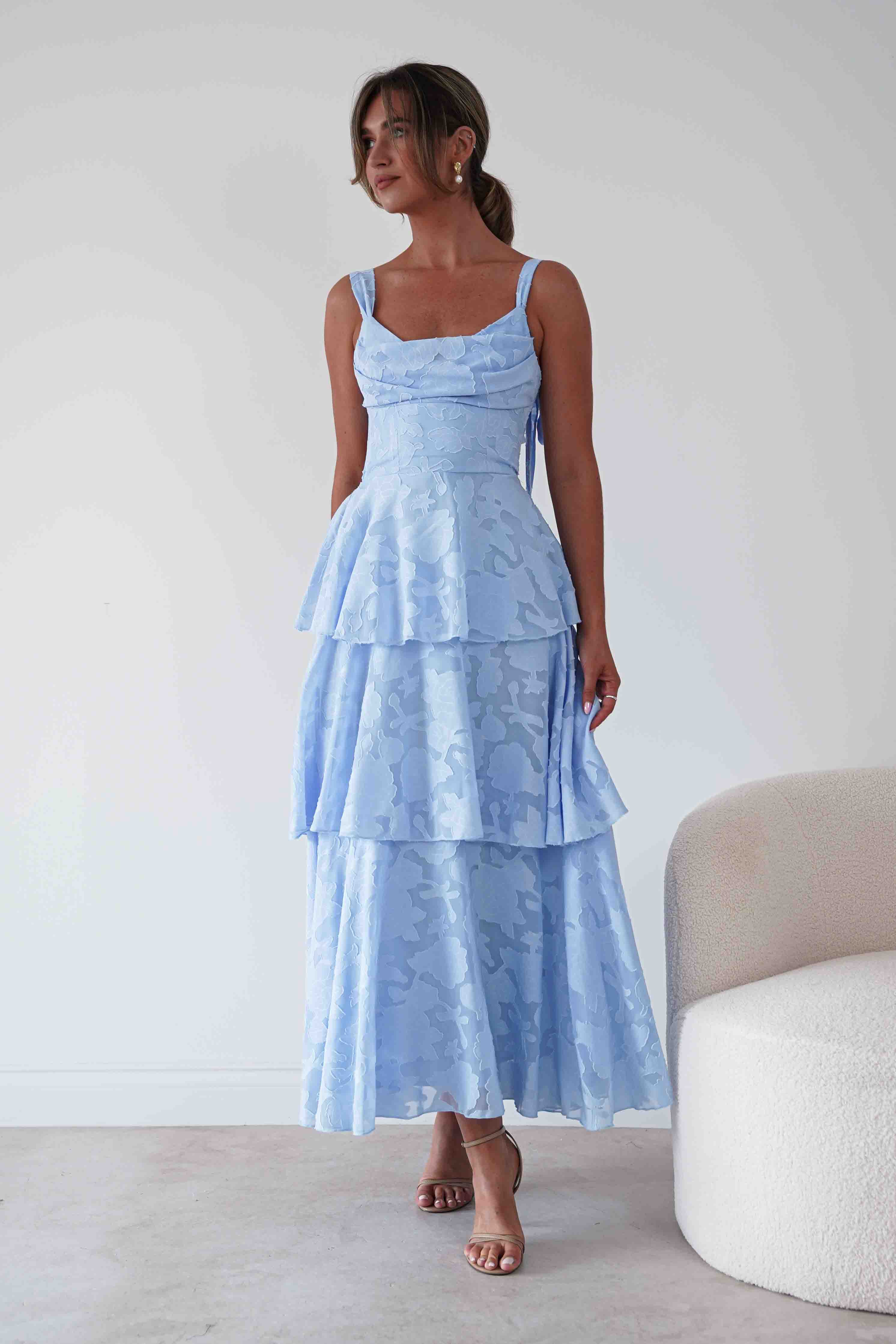 Oh Hello Clothing Women > Clothing > Dresses Niama Floral Jacquard Tiered Maxi Dress | Blue