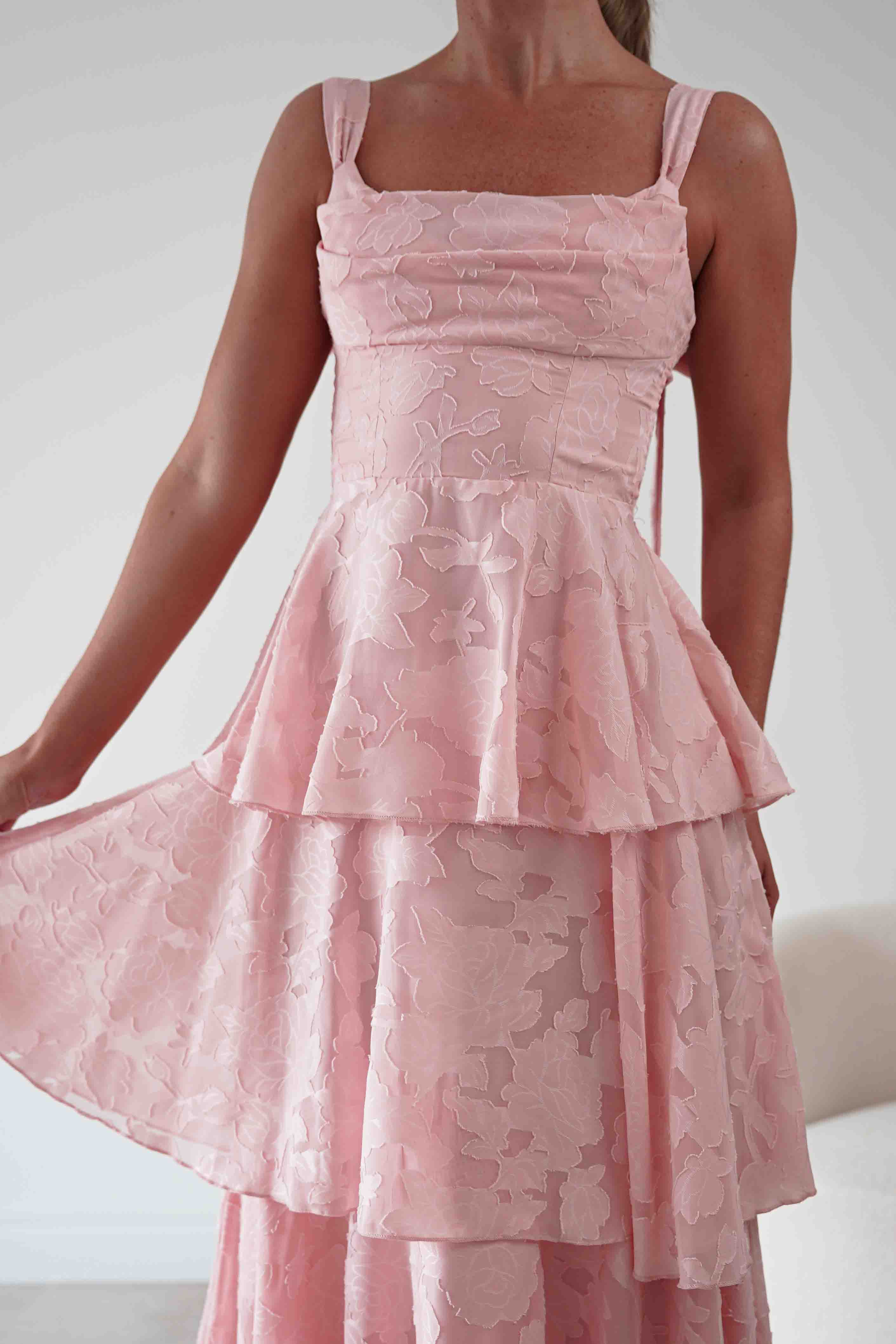 Oh Hello Clothing Women > Clothing > Dresses Niama Floral Jacquard Tiered Maxi Dress | Blush
