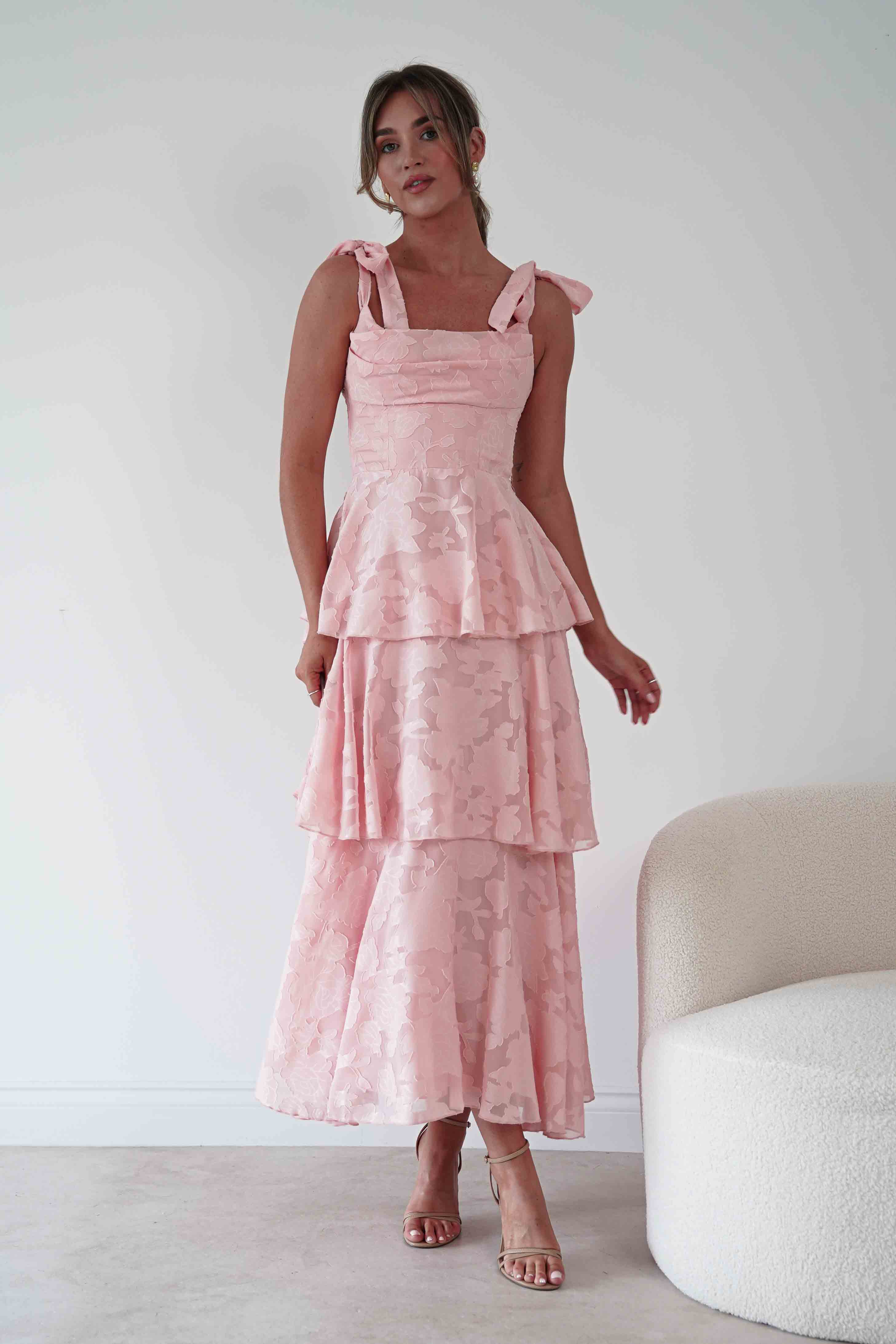 Oh Hello Clothing Women > Clothing > Dresses Niama Floral Jacquard Tiered Maxi Dress | Blush