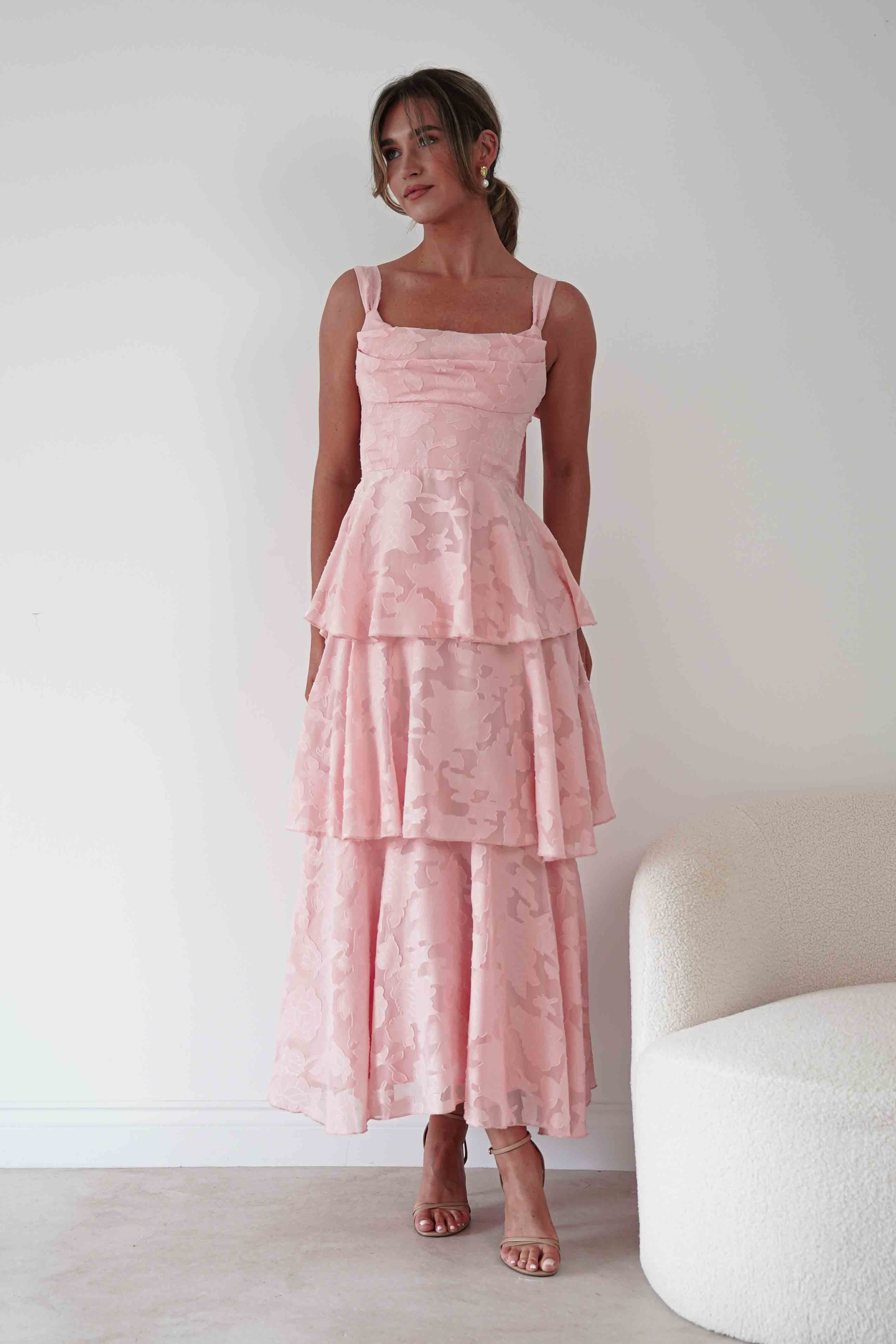 Oh Hello Clothing Women > Clothing > Dresses Niama Floral Jacquard Tiered Maxi Dress | Blush