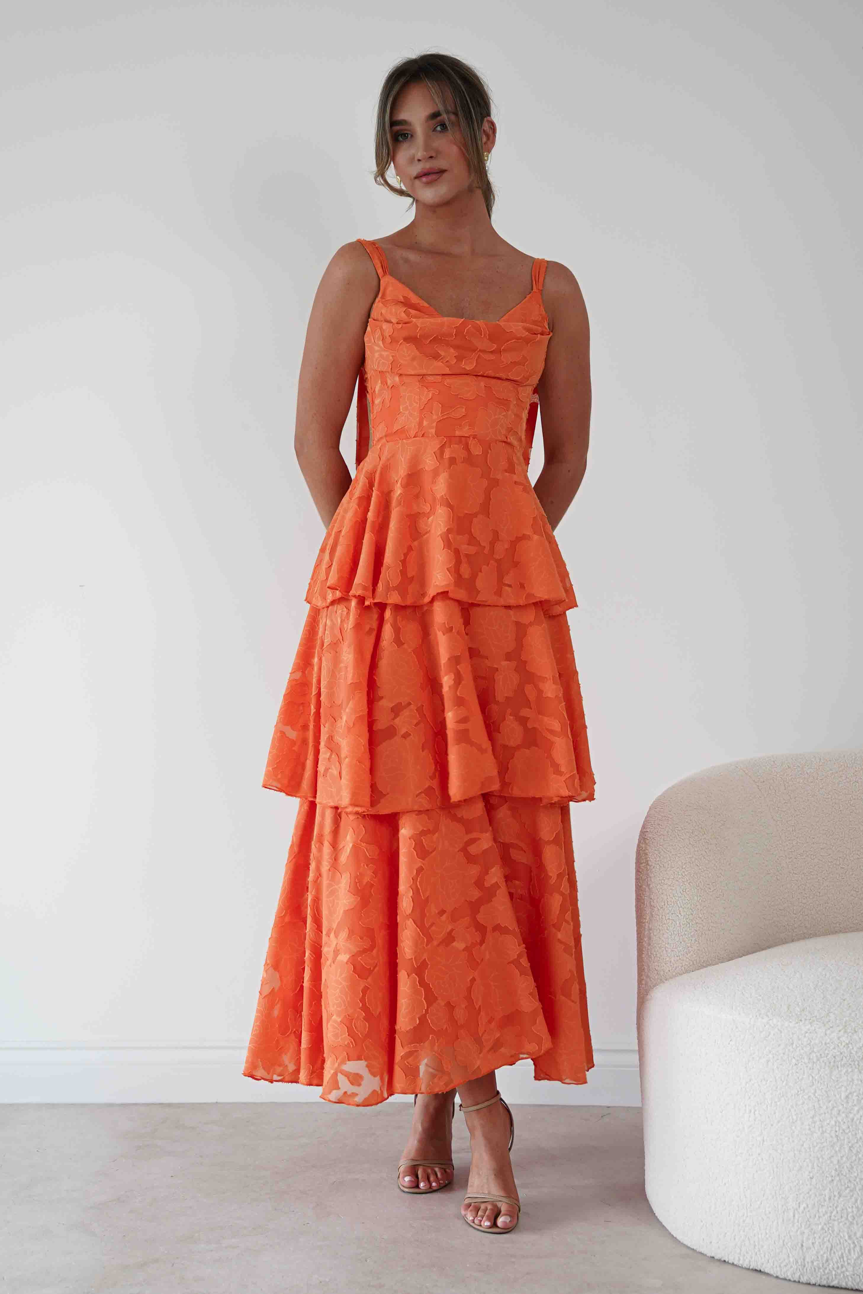 Oh Hello Clothing Women > Clothing > Dresses Niama Floral Jacquard Tiered Maxi Dress | Orange