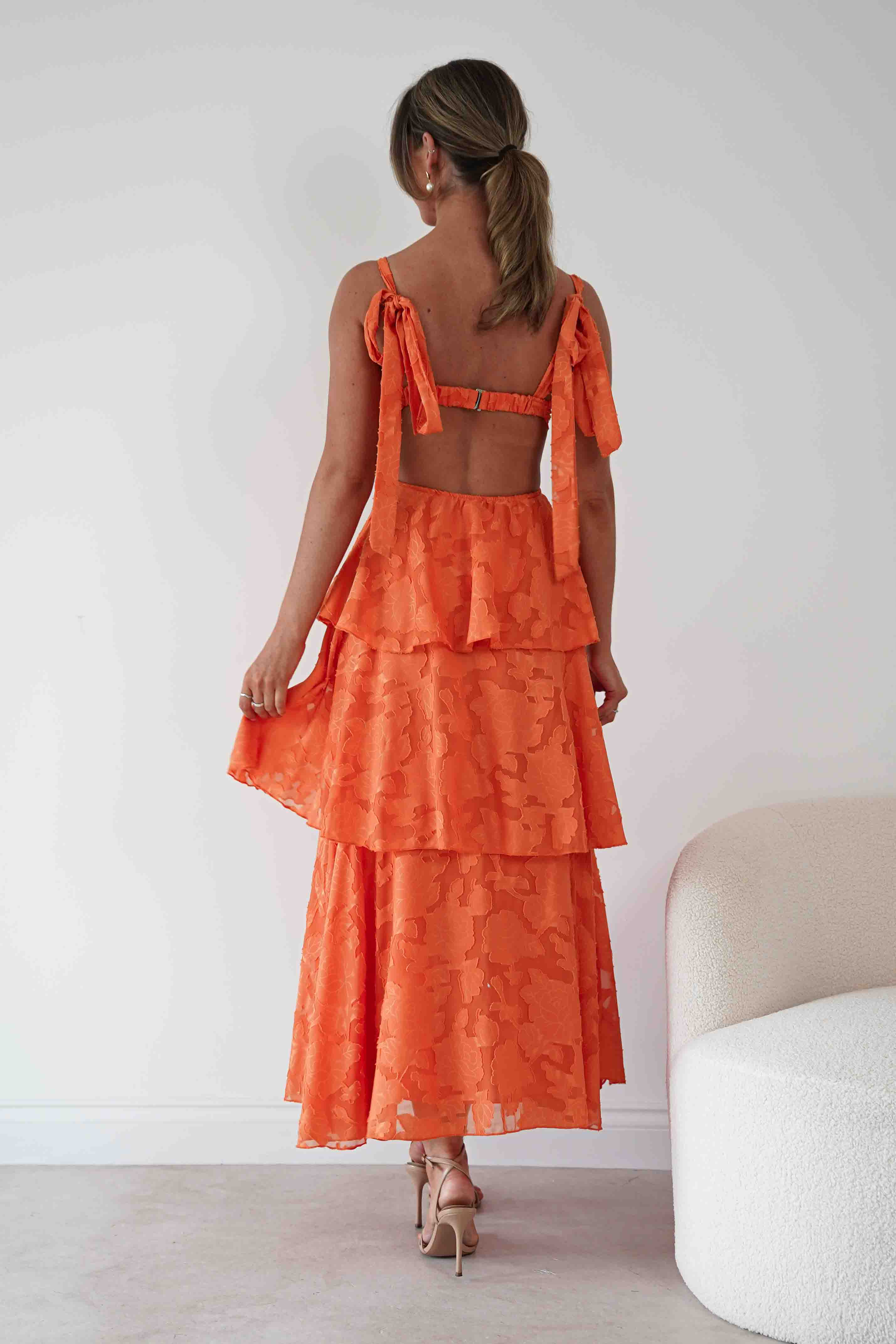 Oh Hello Clothing Women > Clothing > Dresses Niama Floral Jacquard Tiered Maxi Dress | Orange