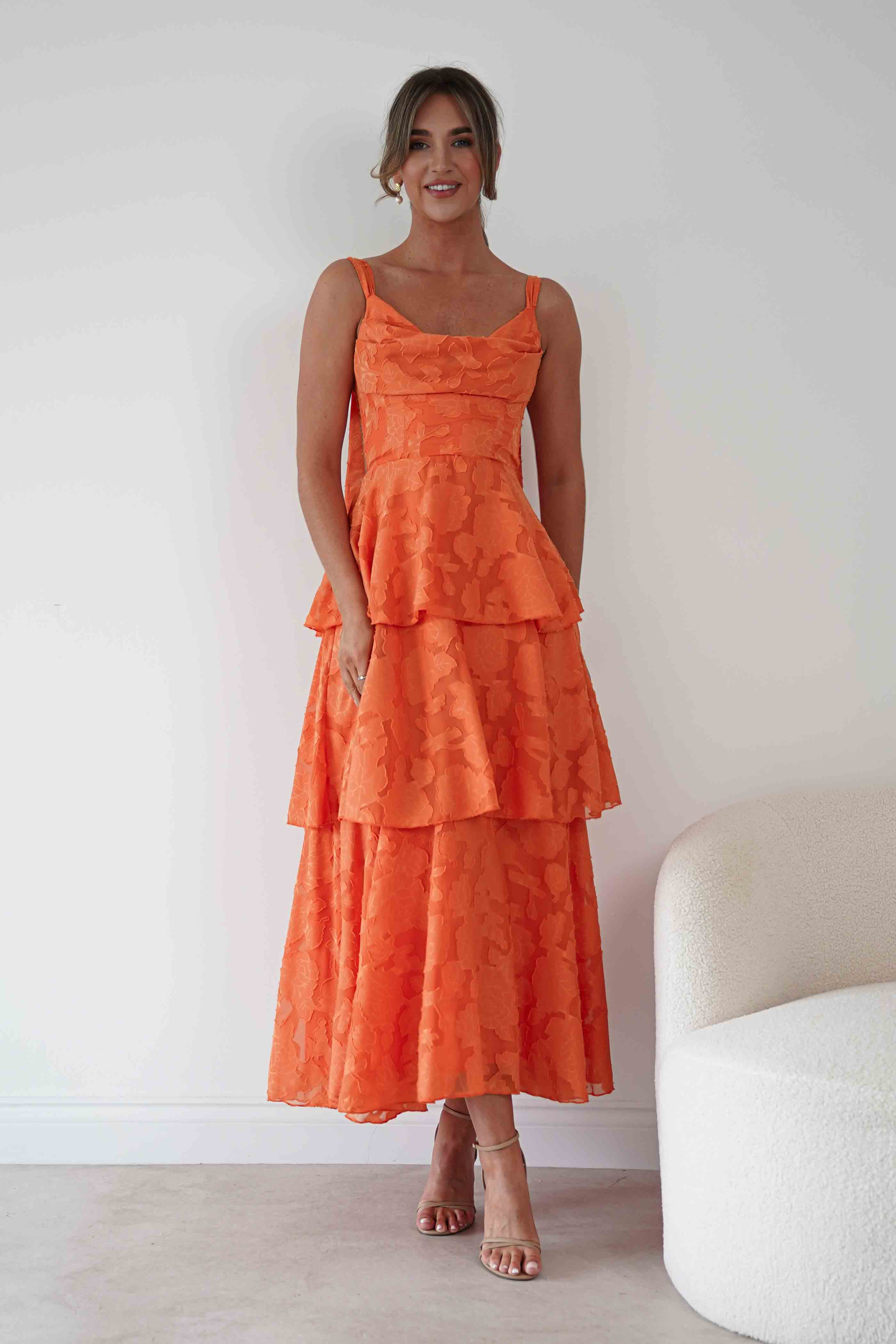 Oh Hello Clothing Women > Clothing > Dresses Niama Floral Jacquard Tiered Maxi Dress | Orange