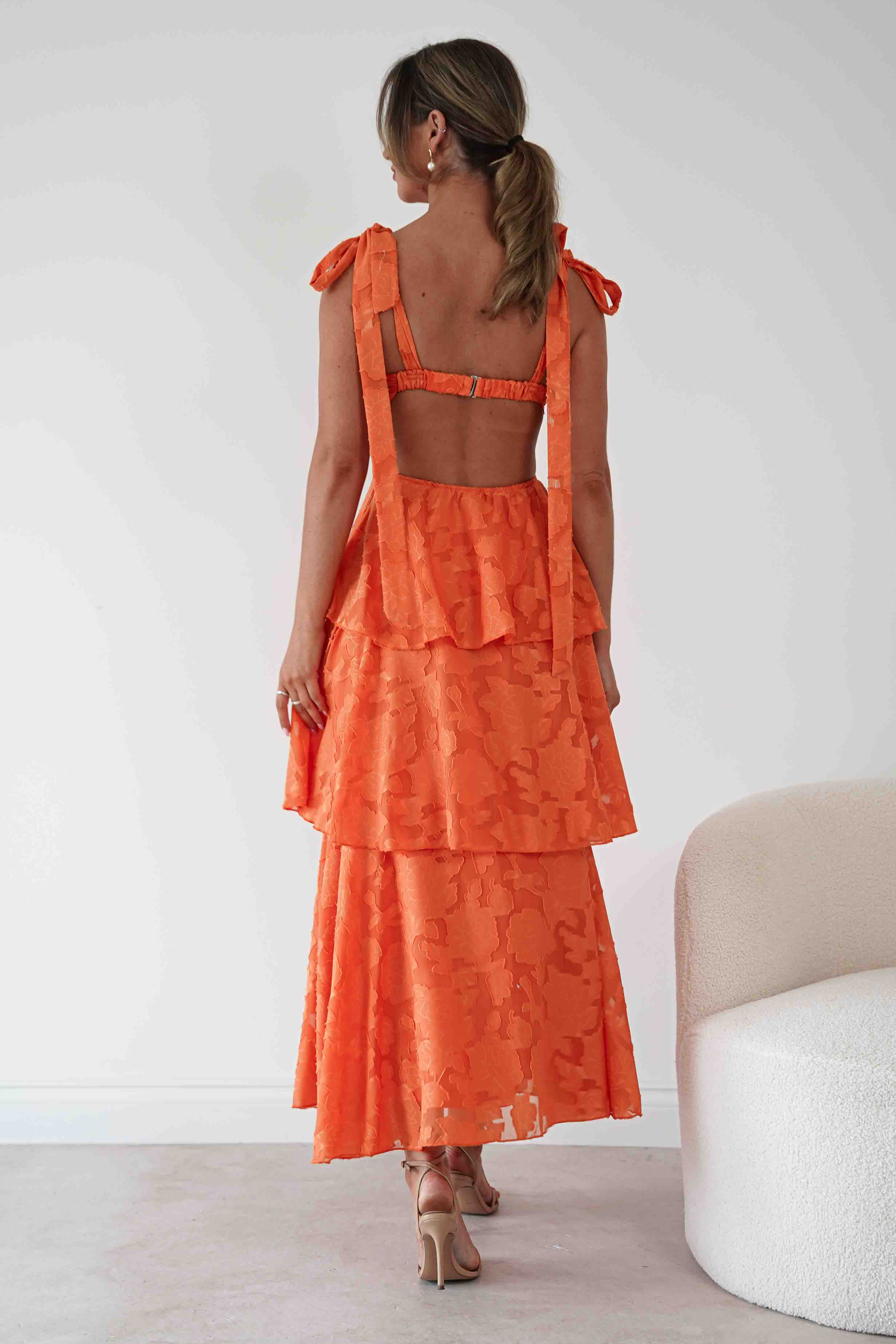 Oh Hello Clothing Women > Clothing > Dresses Niama Floral Jacquard Tiered Maxi Dress | Orange