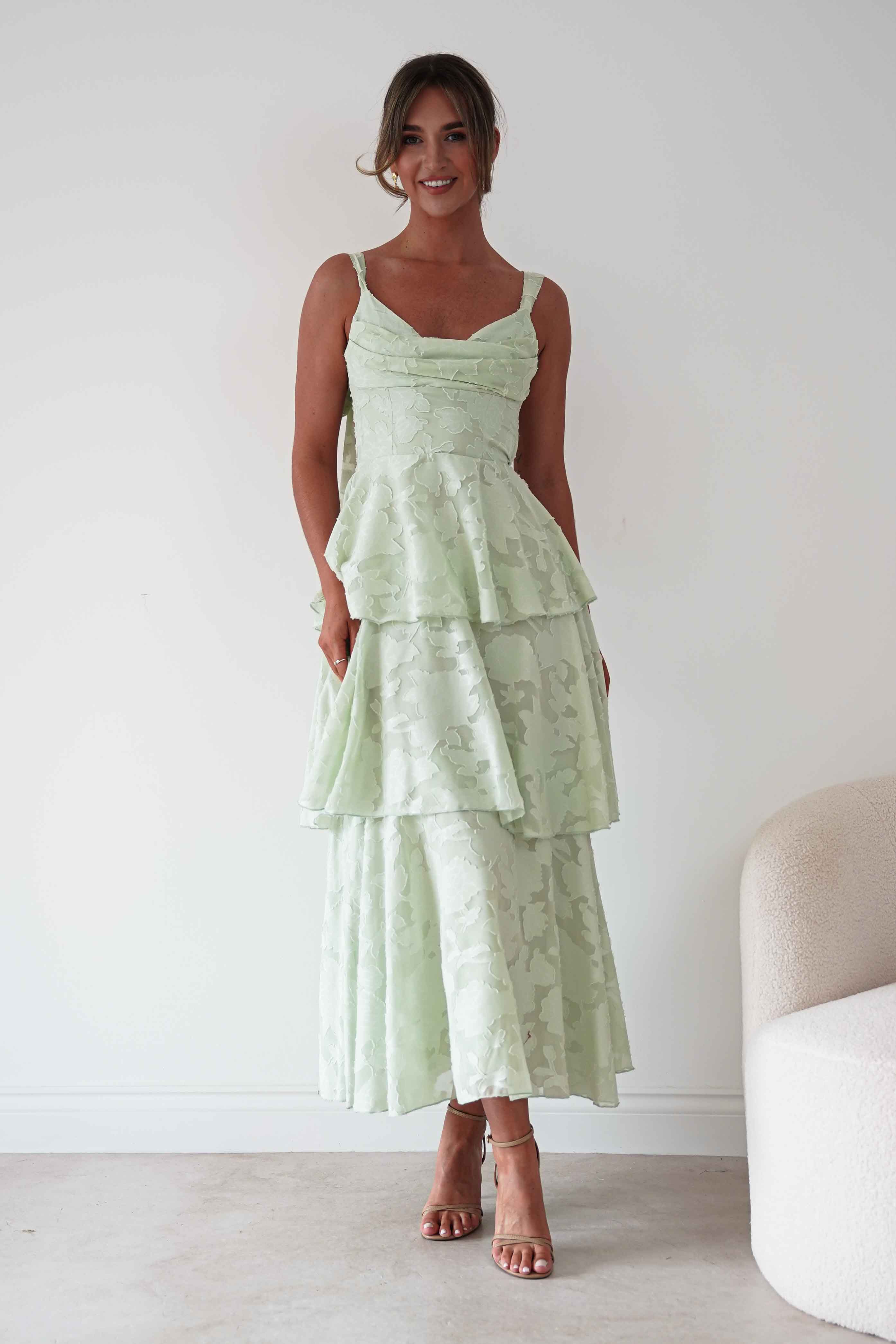 Oh Hello Clothing Women > Clothing > Dresses Niama Floral Jacquard Tiered Maxi Dress | Sage Green