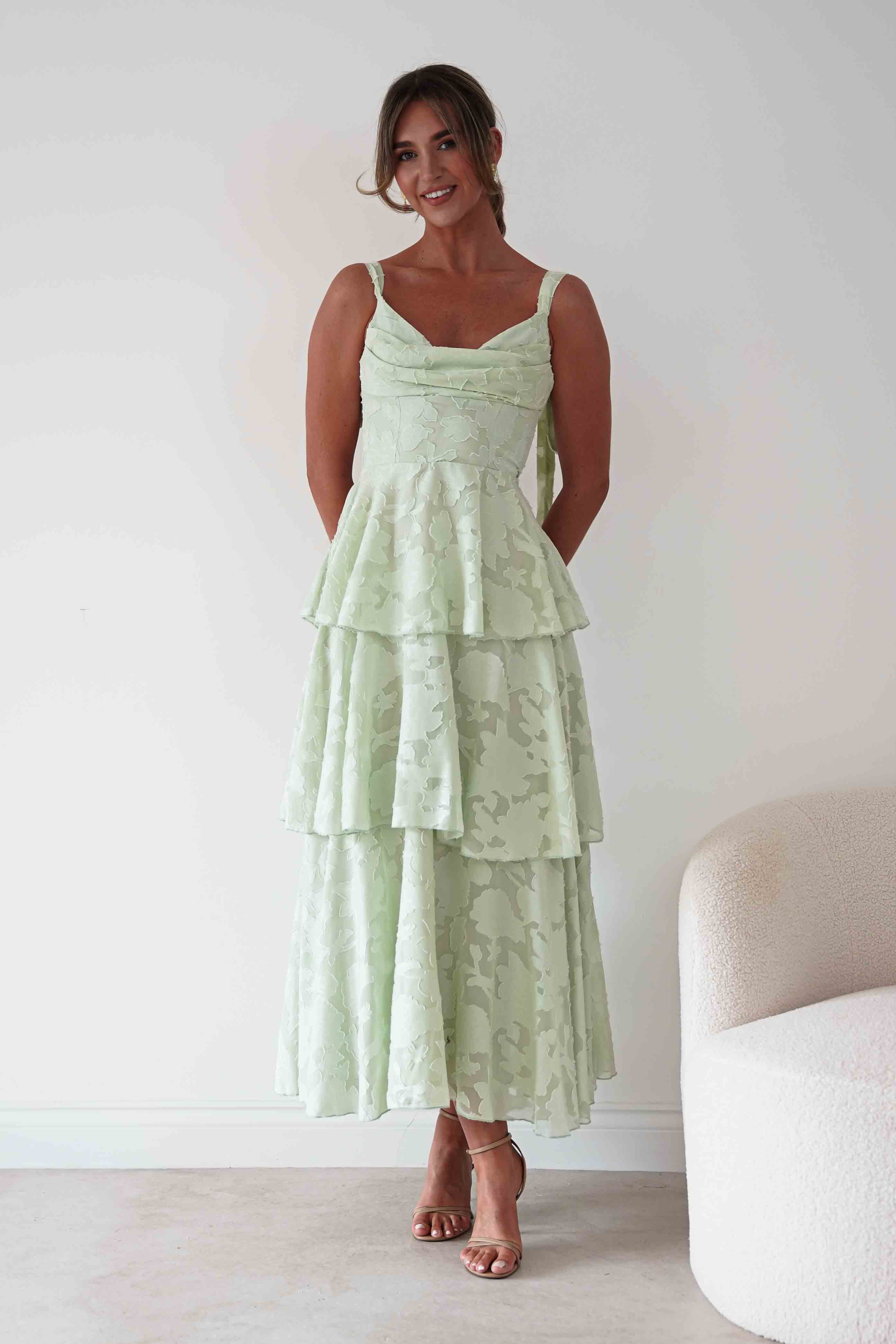 Oh Hello Clothing Women > Clothing > Dresses Niama Floral Jacquard Tiered Maxi Dress | Sage Green