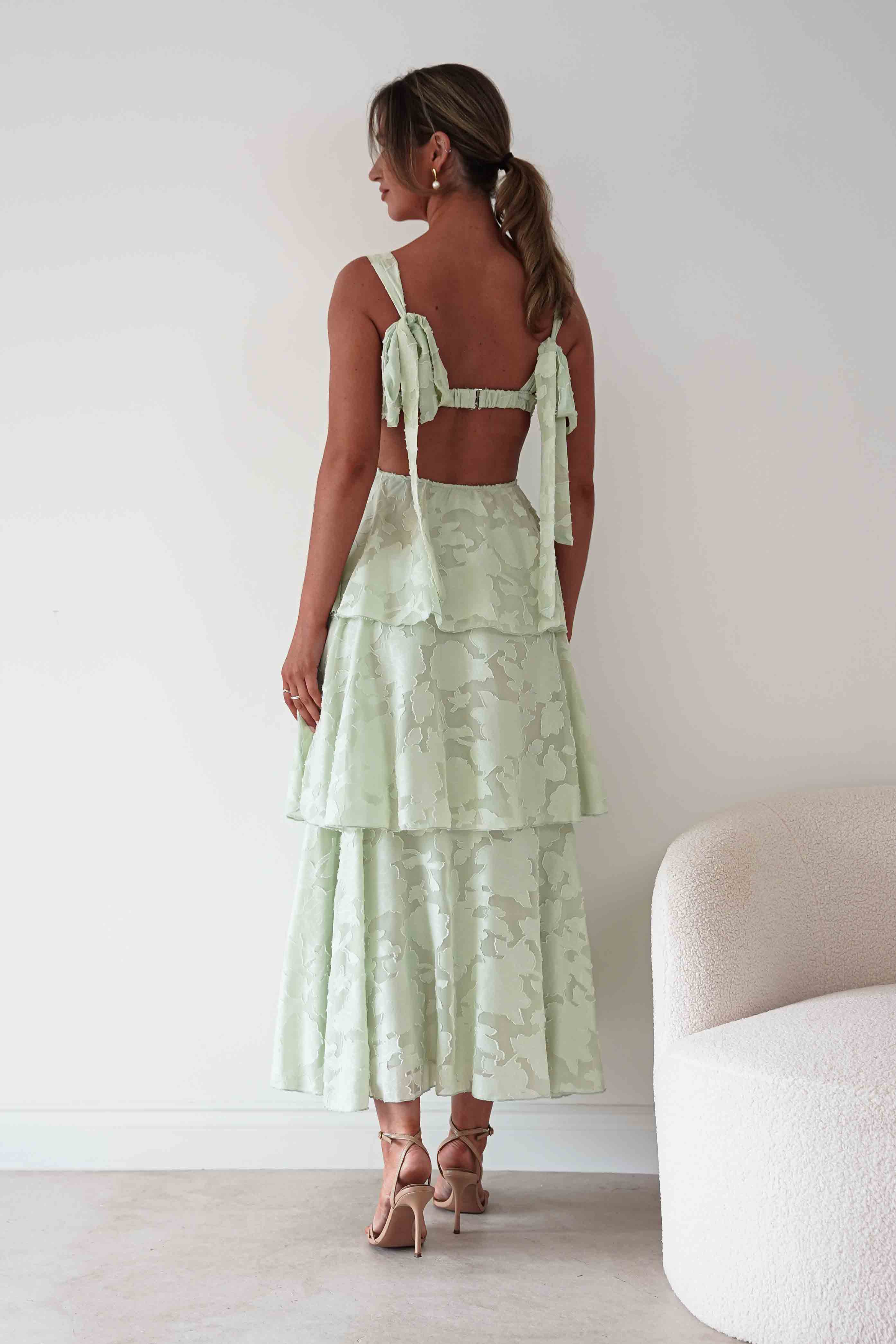 Oh Hello Clothing Women > Clothing > Dresses Niama Floral Jacquard Tiered Maxi Dress | Sage Green