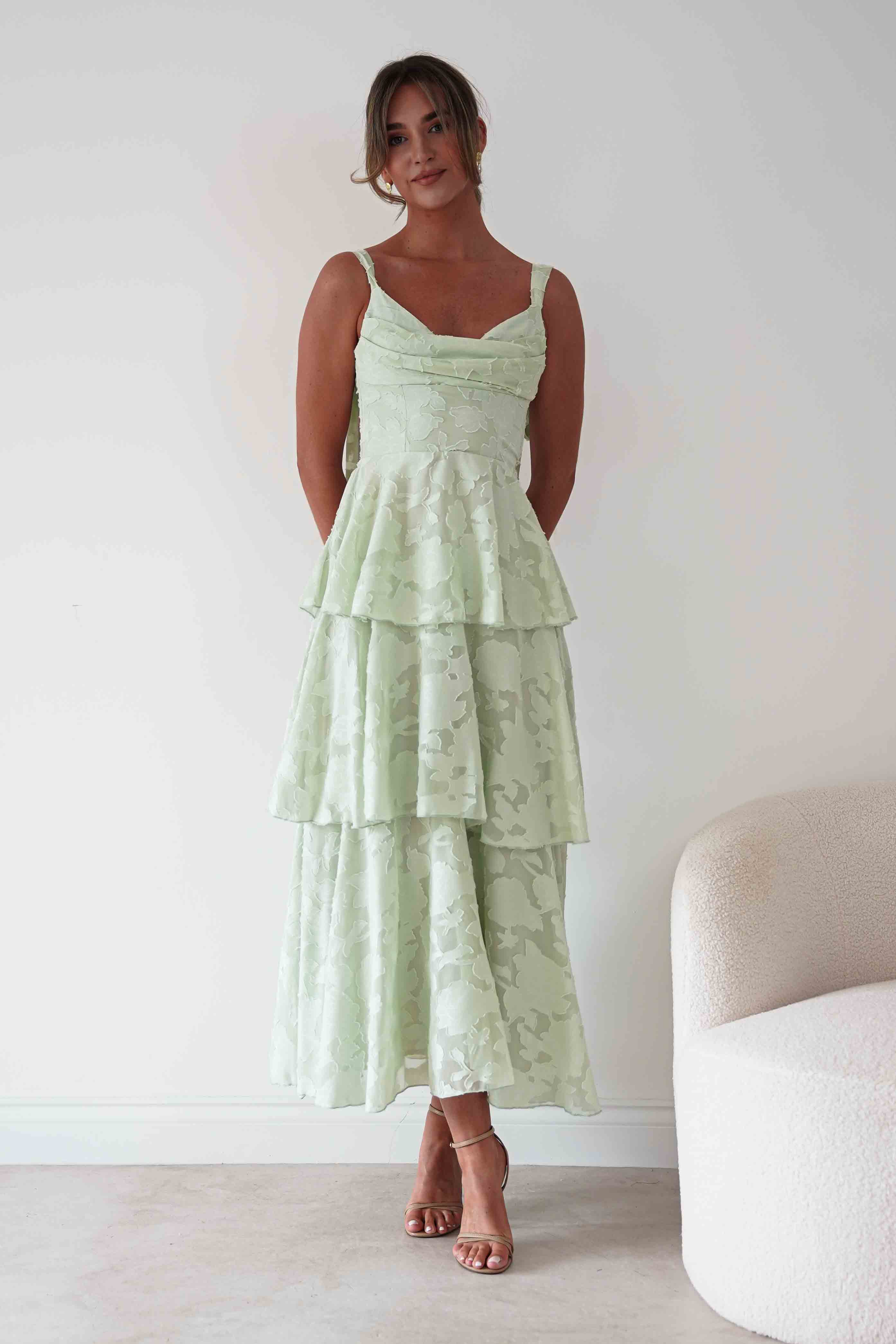 Oh Hello Clothing Women > Clothing > Dresses Niama Floral Jacquard Tiered Maxi Dress | Sage Green