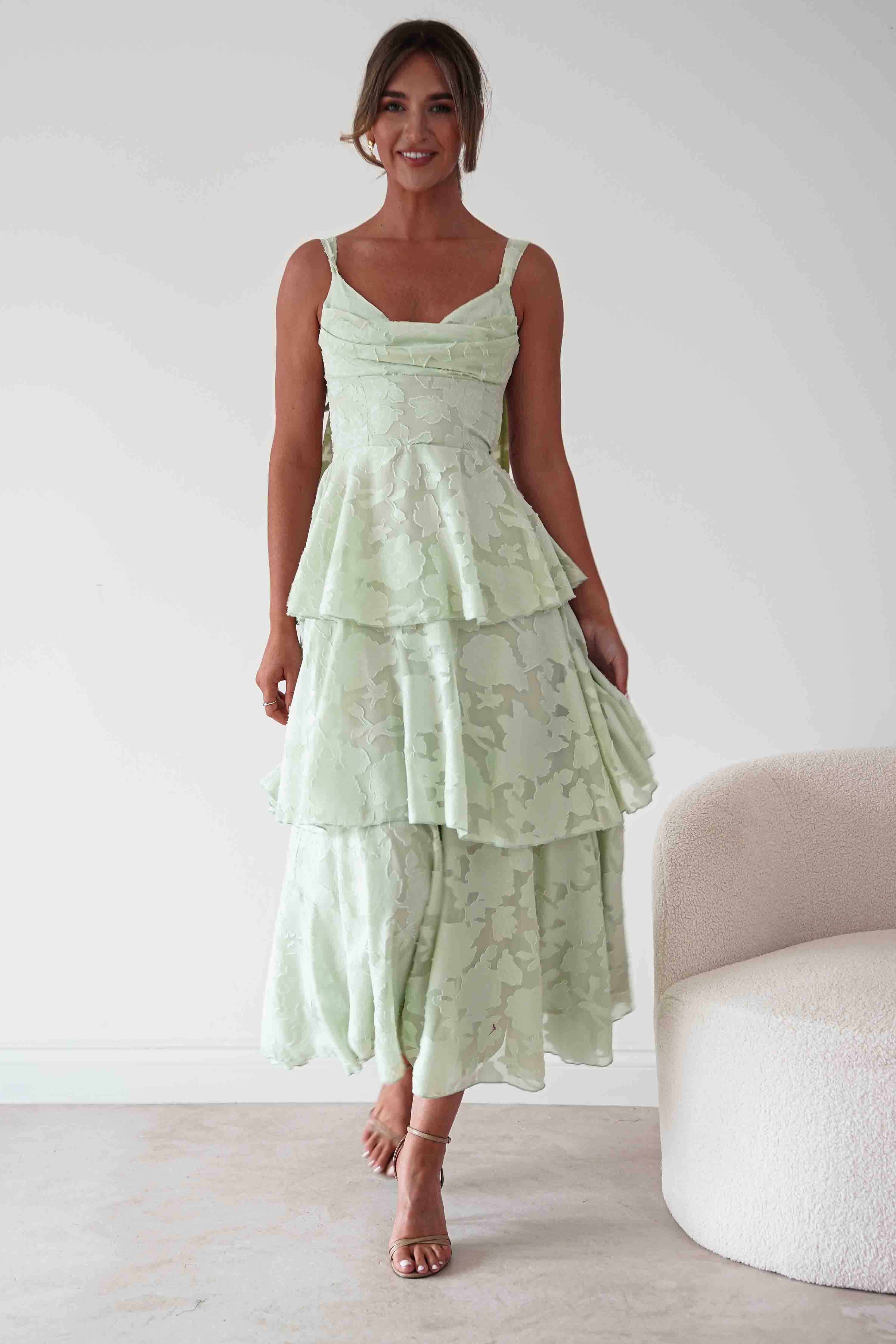 Oh Hello Clothing Women > Clothing > Dresses Niama Floral Jacquard Tiered Maxi Dress | Sage Green