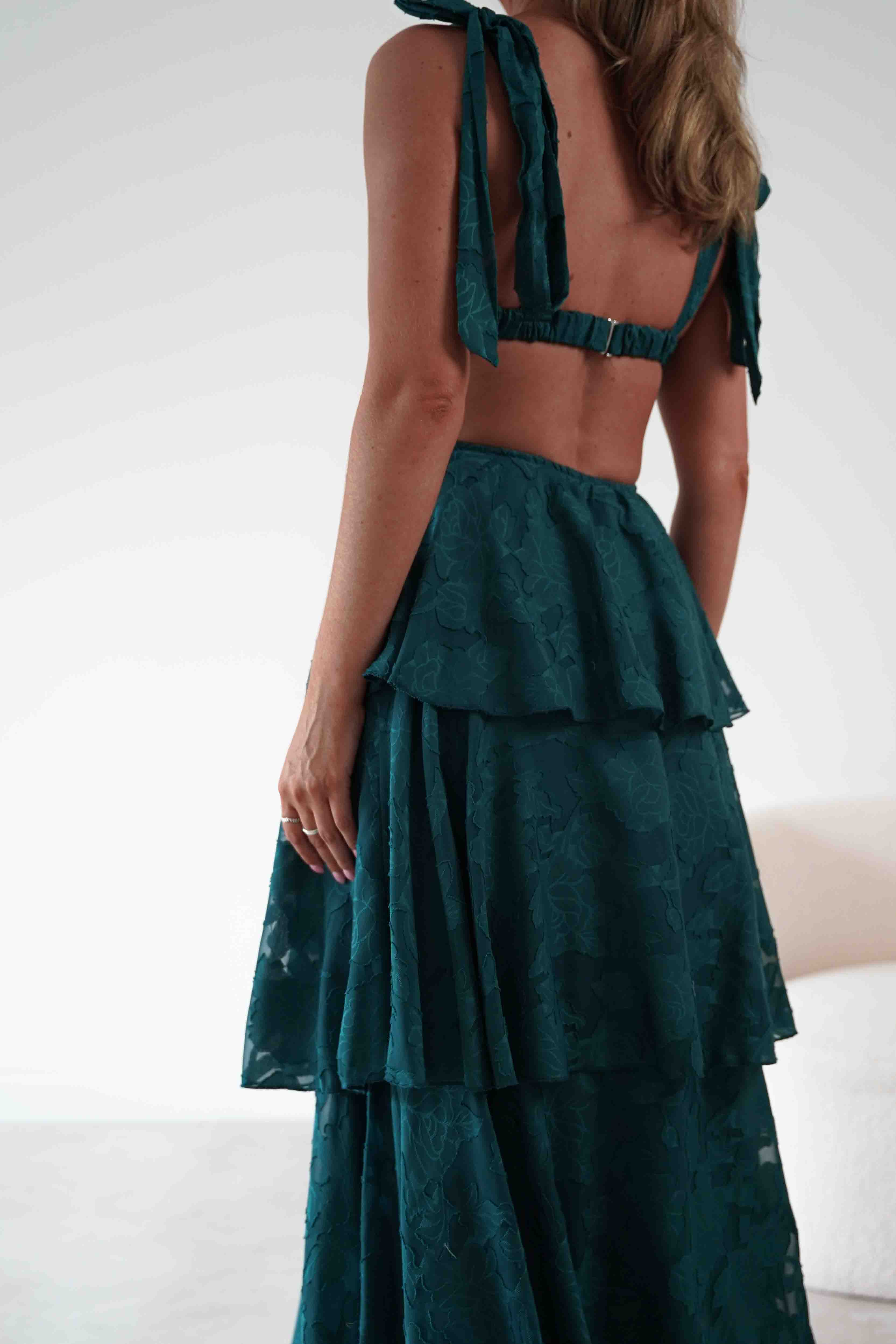 Oh Hello Clothing Women > Clothing > Dresses Niama Floral Jacquard Tiered Maxi Dress | Teal Green