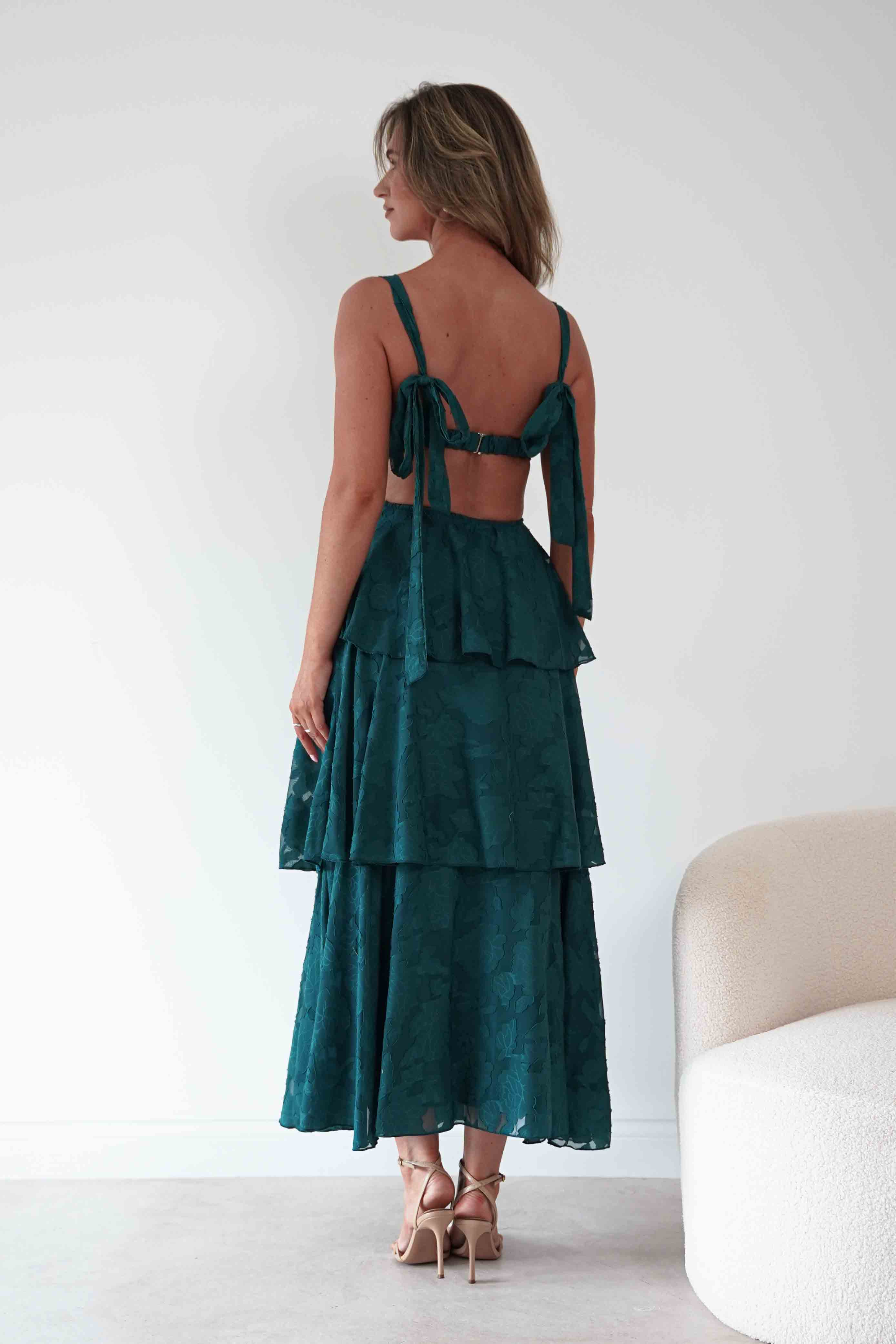 Oh Hello Clothing Women > Clothing > Dresses Niama Floral Jacquard Tiered Maxi Dress | Teal Green