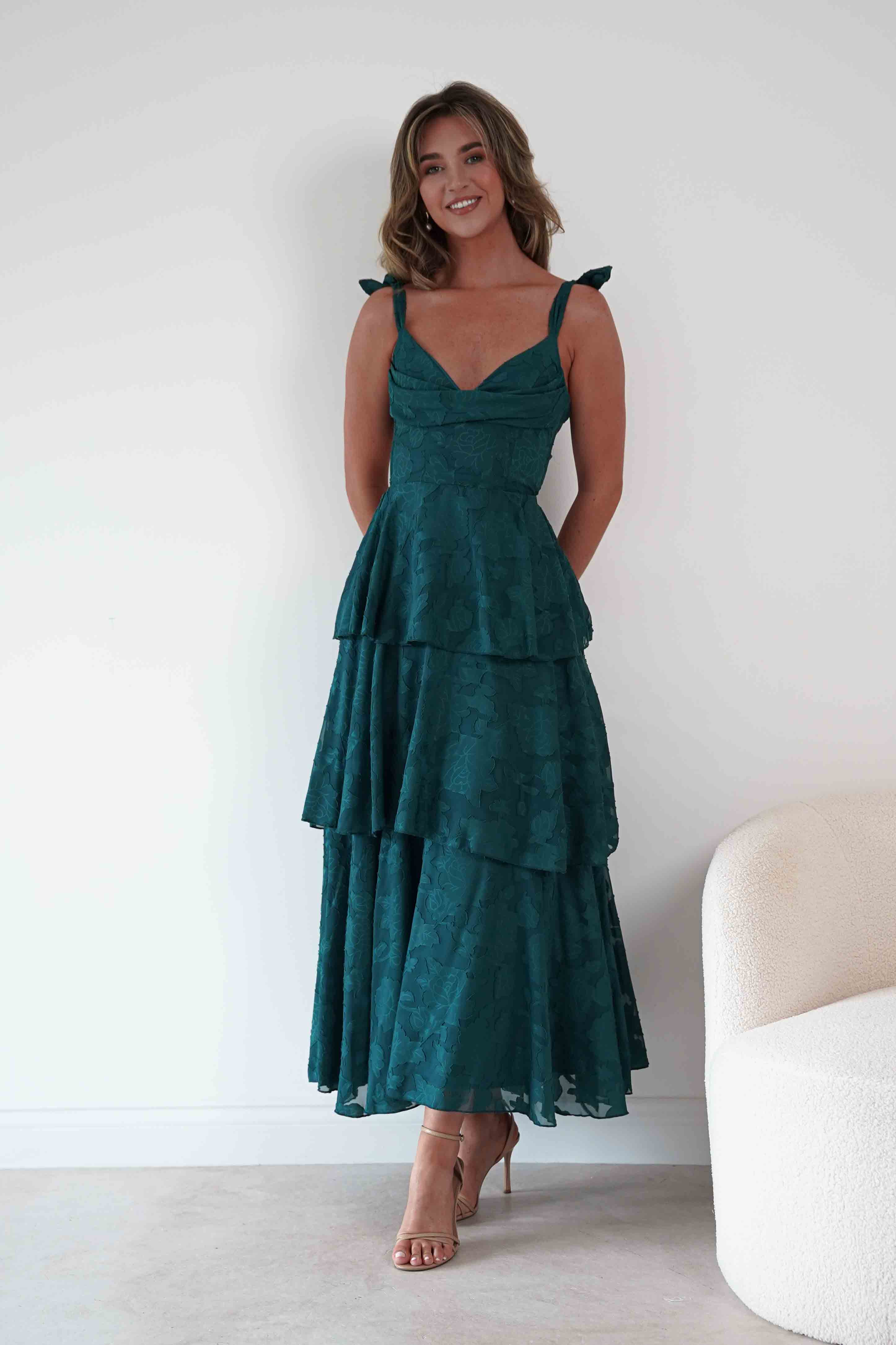 Oh Hello Clothing Women > Clothing > Dresses Niama Floral Jacquard Tiered Maxi Dress | Teal Green
