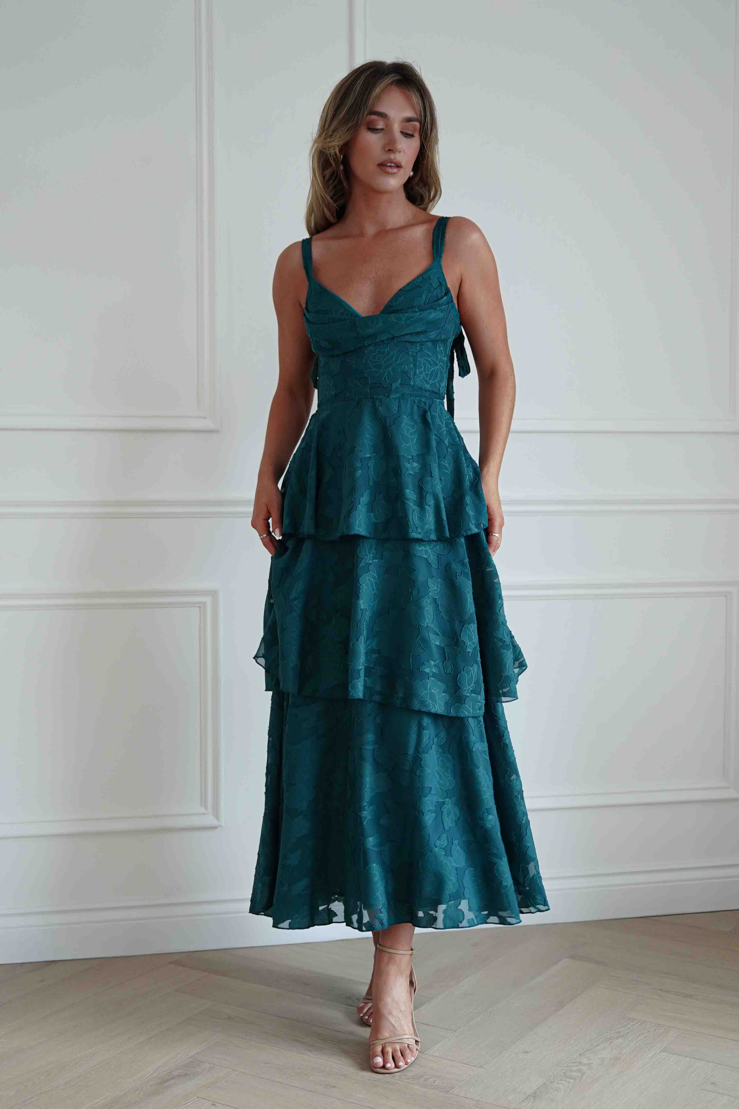 Oh Hello Clothing Women > Clothing > Dresses Niama Floral Jacquard Tiered Maxi Dress | Teal Green