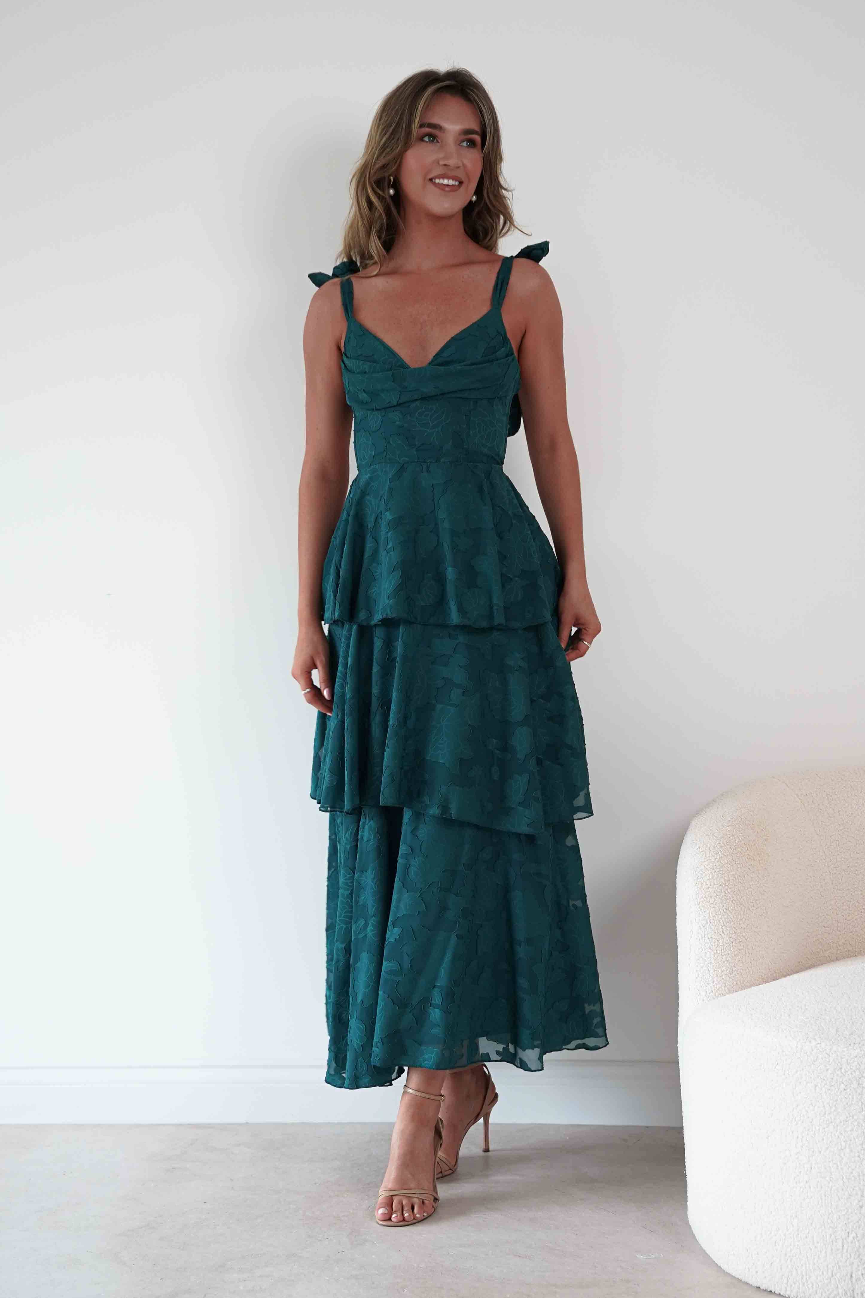 Oh Hello Clothing Women > Clothing > Dresses Niama Floral Jacquard Tiered Maxi Dress | Teal Green