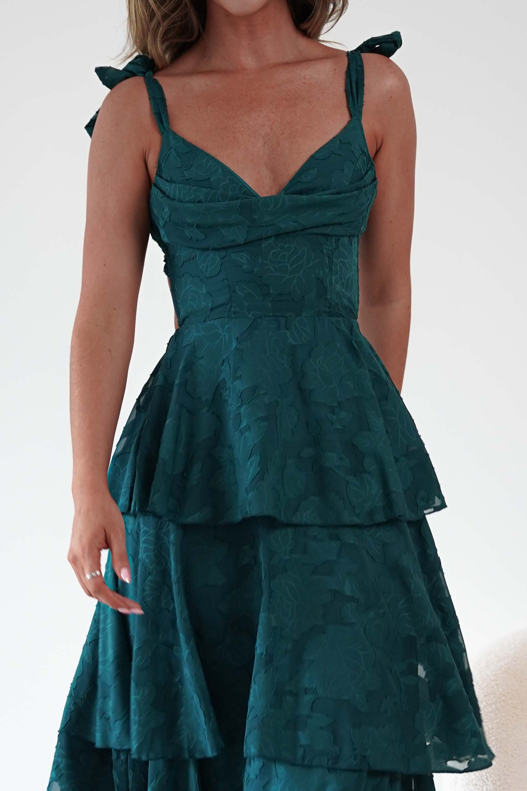 Oh Hello Clothing Women > Clothing > Dresses Niama Floral Jacquard Tiered Maxi Dress | Teal Green