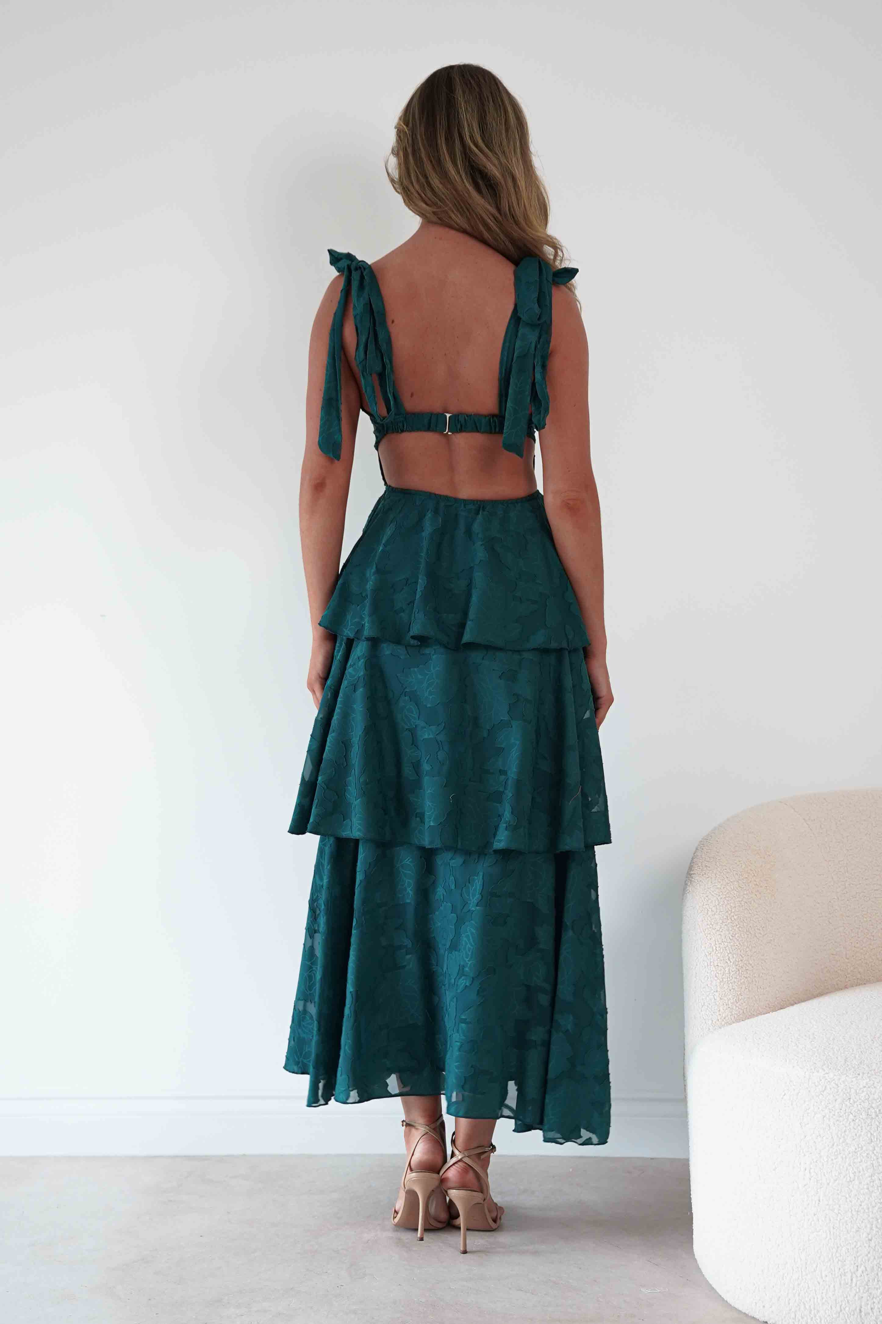 Oh Hello Clothing Women > Clothing > Dresses Niama Floral Jacquard Tiered Maxi Dress | Teal Green