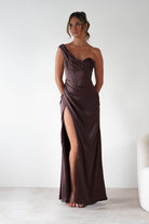 Nicolette Soft Satin Maxi Gown | Brown | Debs & Prom | Formal Gown | Oh Hello Clothing