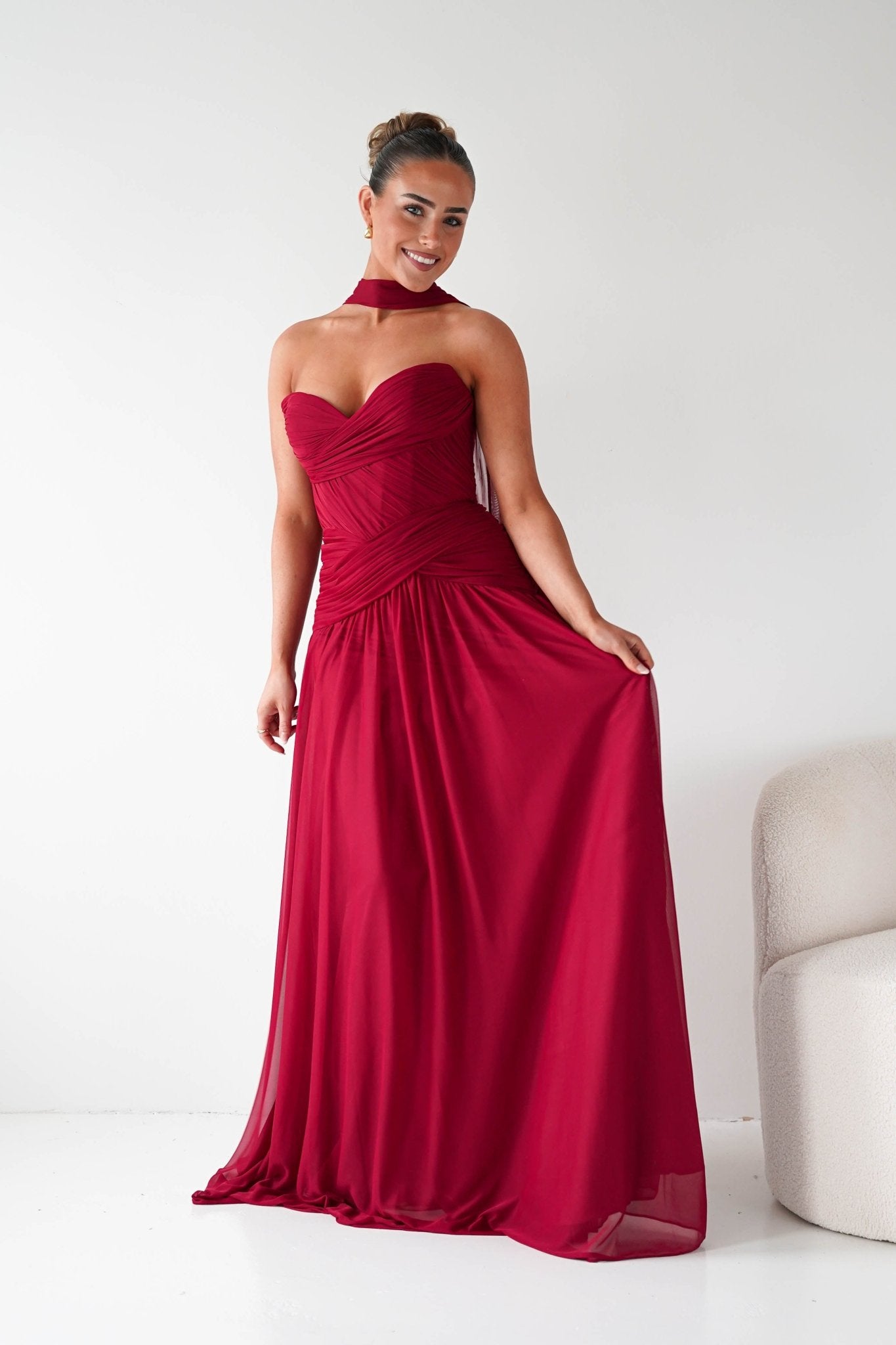 Oh Hello Clothing Dresses Nicolette Strapless Chiffon Maxi Gown | Dark Red