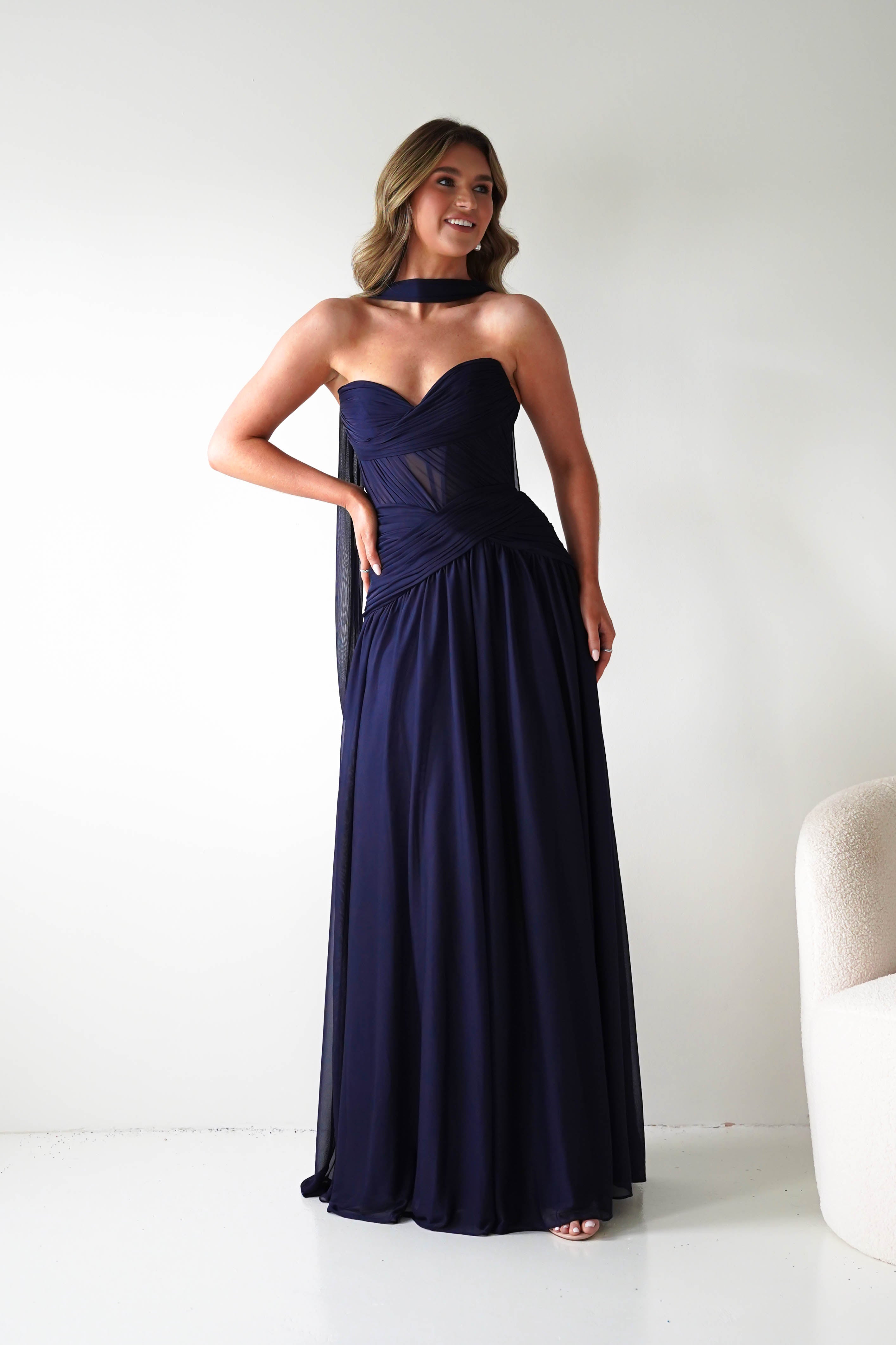 Oh Hello Clothing Women > Clothing > Dresses Nicolette Strapless Chiffon Maxi Gown | Navy