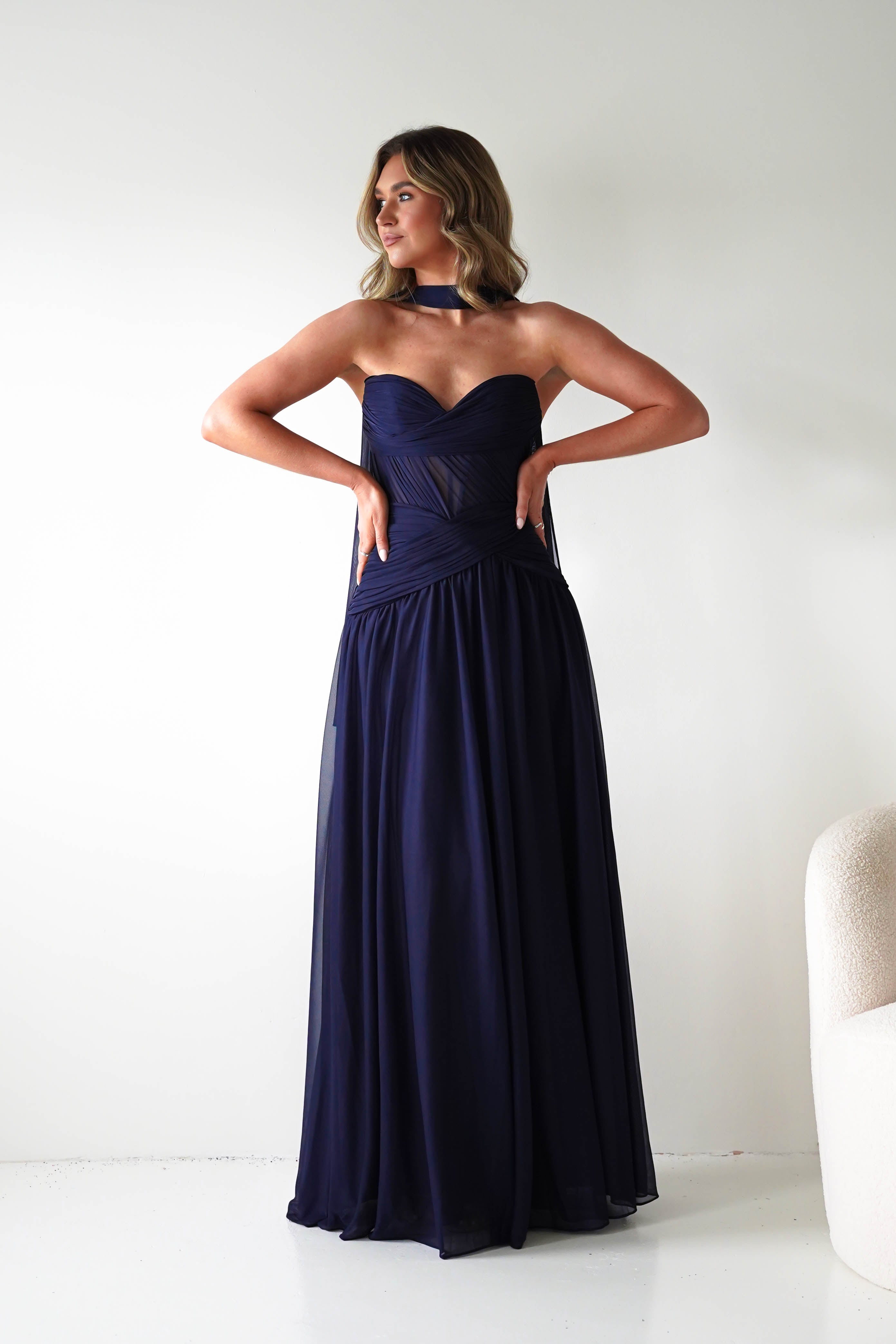 Oh Hello Clothing Women > Clothing > Dresses Nicolette Strapless Chiffon Maxi Gown | Navy